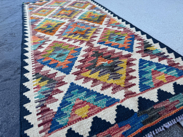 2x5 Handmade Afghan Kilim Runner Rug | Cream White Blood Red Charcoal Grey Black Burnt Orange Aqua Teal Mustard Yellow Indigo Denim Blue