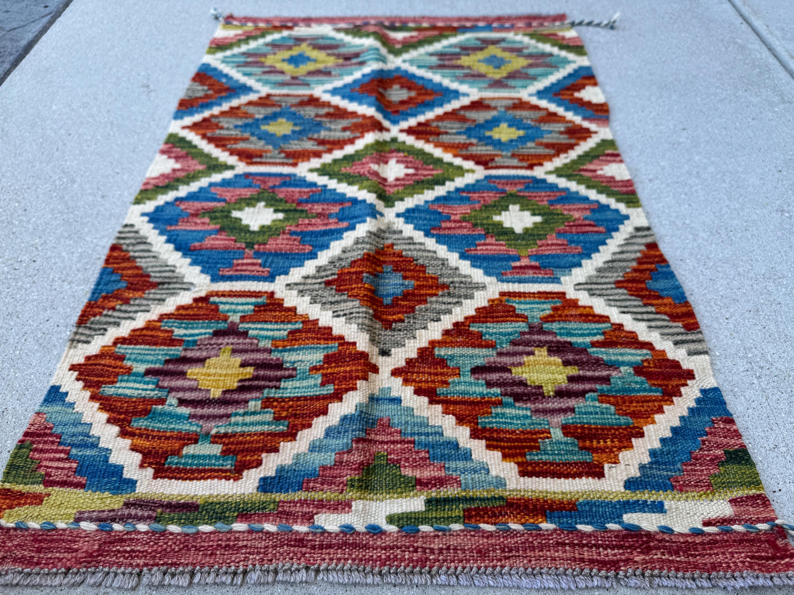 2x3 Handmade Afghan Kilim Rug | Cream White Forest Pine Olive Green Charcoal Grey Rust Red Burnt Orange Maroon Purple Teal Aqua Denim Blue