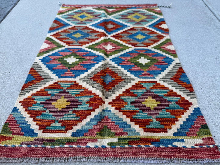 2x3 Handmade Afghan Kilim Rug | Cream White Forest Pine Olive Green Charcoal Grey Rust Red Burnt Orange Maroon Purple Teal Aqua Denim Blue