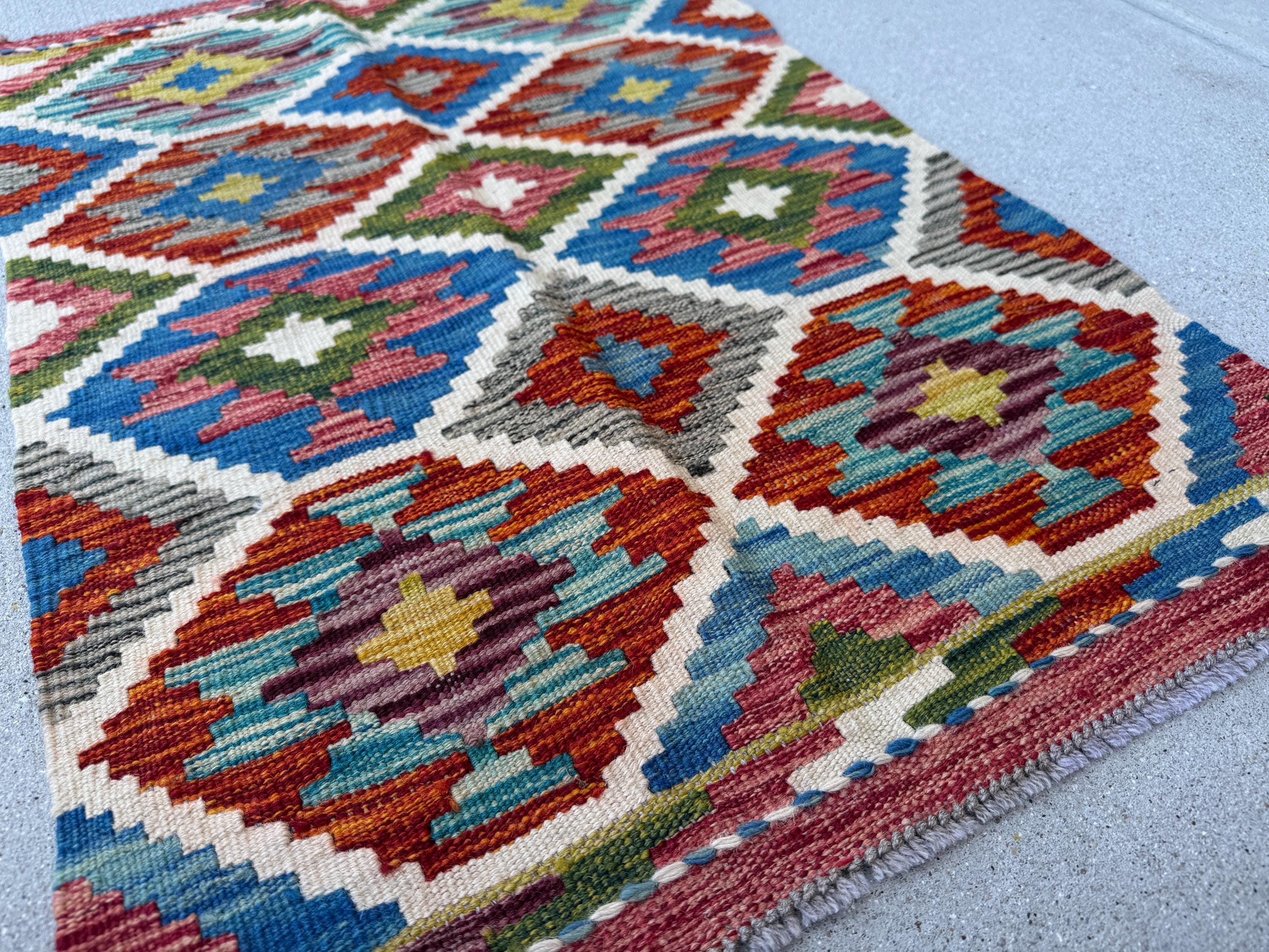 2x3 Handmade Afghan Kilim Rug | Cream White Forest Pine Olive Green Charcoal Grey Rust Red Burnt Orange Maroon Purple Teal Aqua Denim Blue