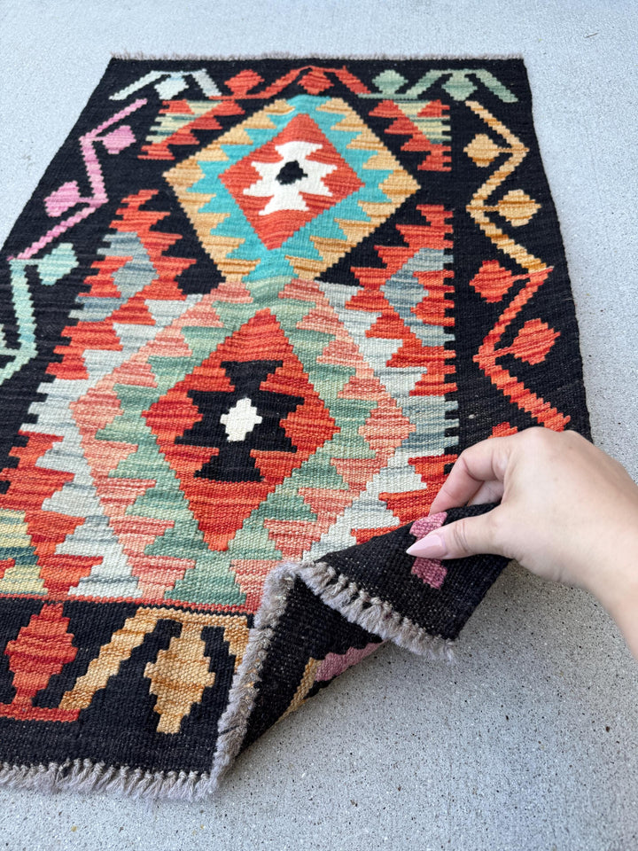 2x3 Handmade Afghan Kilim Rug | Black Burnt Orange Peach Cream White Aqua Mustard Gold Teal Light Grey Purple Tan | Wool Flatwoven