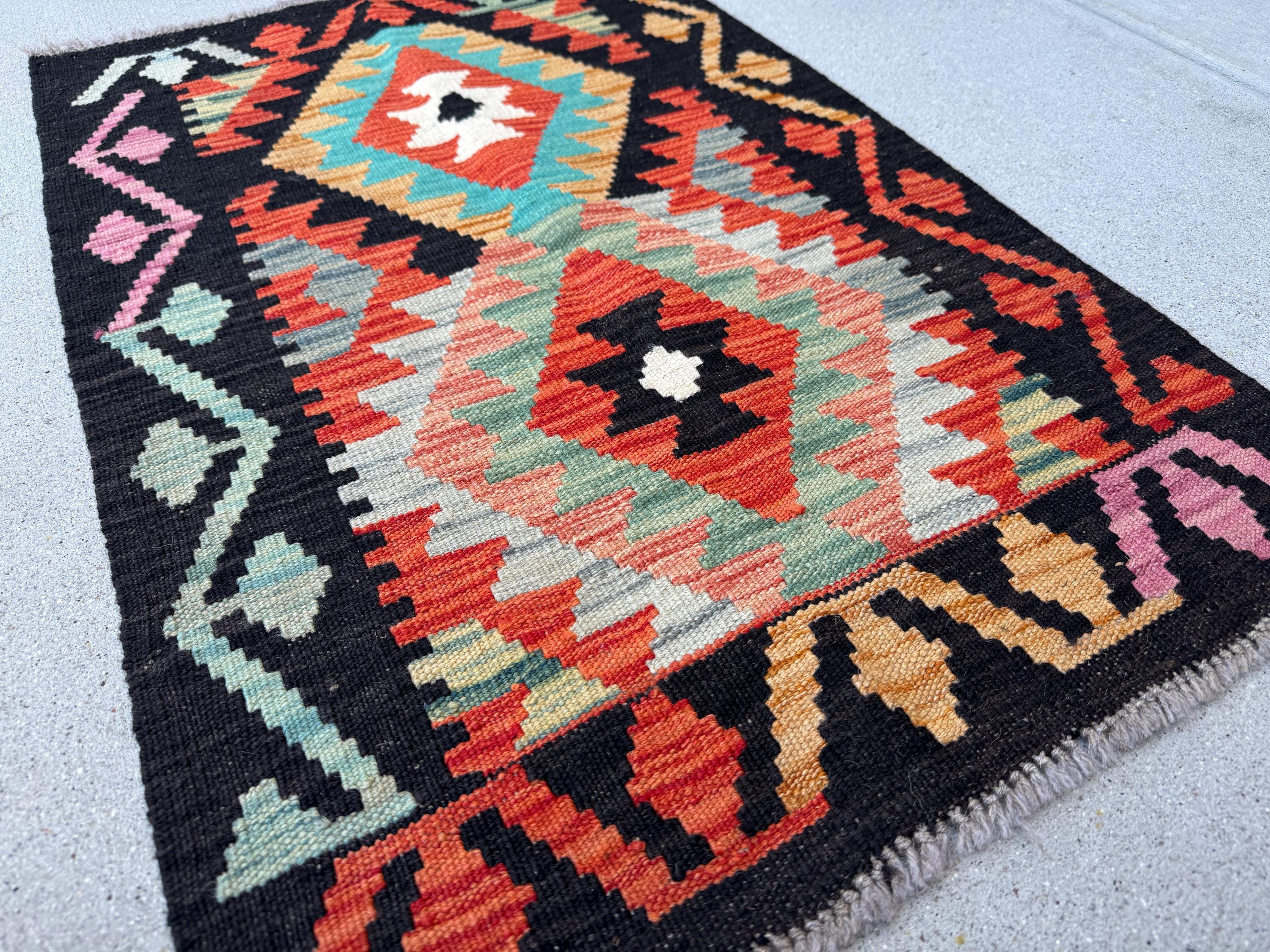 2x3 Handmade Afghan Kilim Rug | Black Burnt Orange Peach Cream White Aqua Mustard Gold Teal Light Grey Purple Tan | Wool Flatwoven