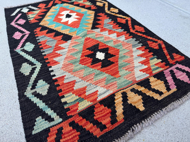 2x3 Handmade Afghan Kilim Rug | Black Burnt Orange Peach Cream White Aqua Mustard Gold Teal Light Grey Purple Tan | Wool Flatwoven