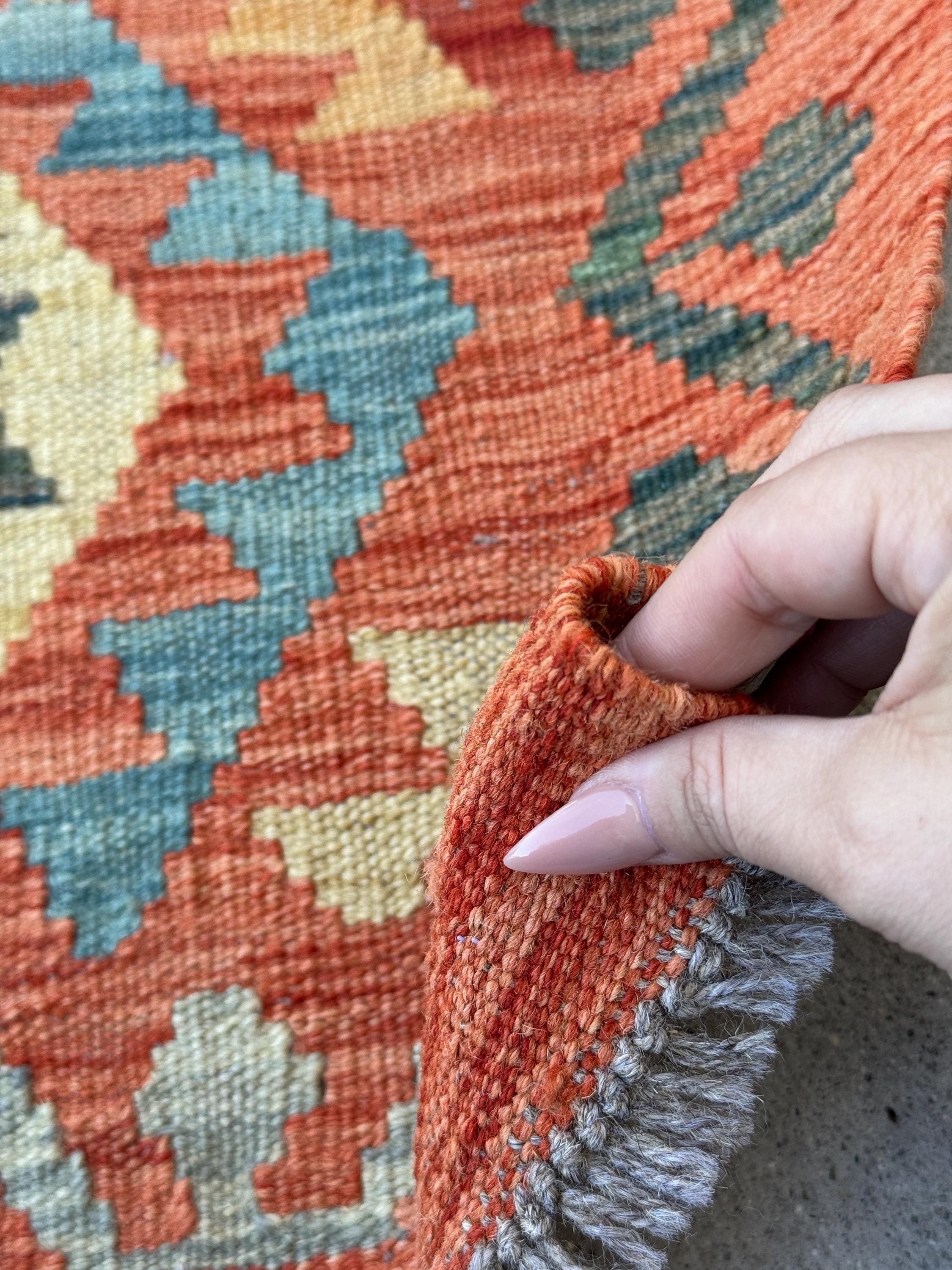 2x3 Handmade Afghan Kilim Rug | Burnt Orange Peach Cream Beige Mustard Teal Charcoal Light Grey Tan | Wool Flatwoven
