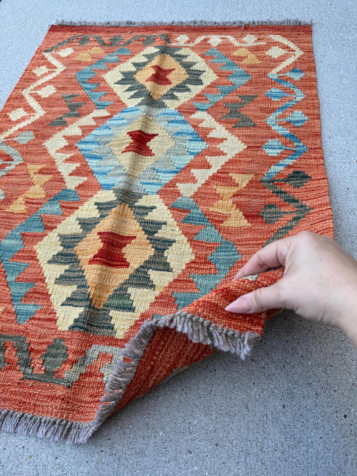2x3 Handmade Afghan Kilim Rug | Burnt Orange Peach Cream Beige Mustard Teal Charcoal Light Grey Tan | Wool Flatwoven