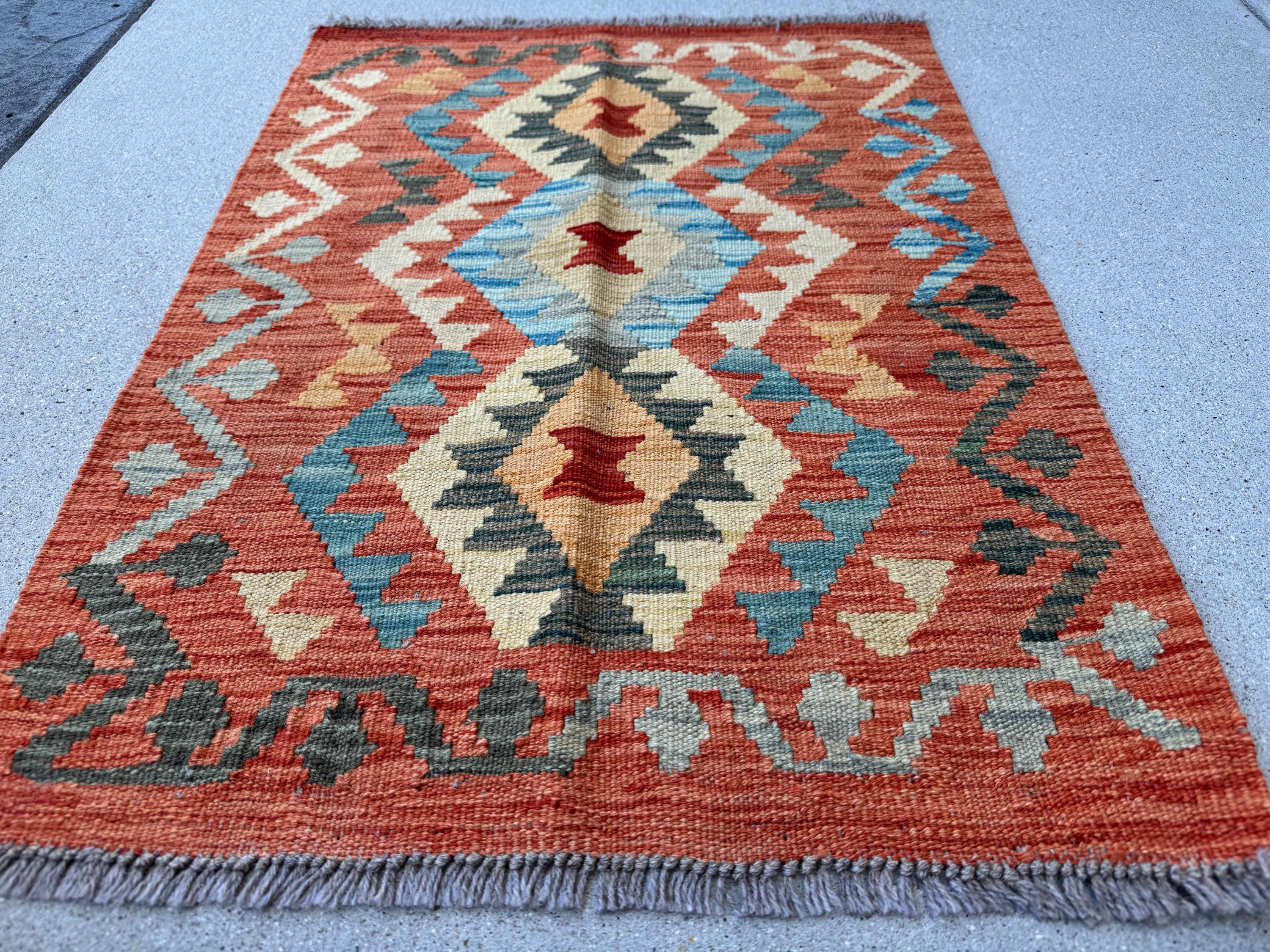 2x3 Handmade Afghan Kilim Rug | Burnt Orange Peach Cream Beige Mustard Teal Charcoal Light Grey Tan | Wool Flatwoven