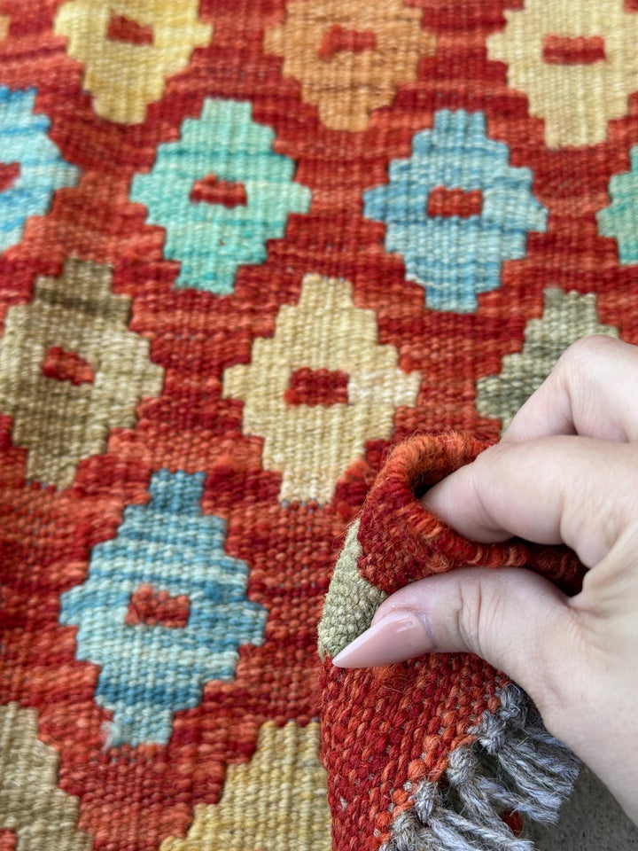 2x3 Handmade Vintage Afghan Baluch Rug | Rust Red Burnt Orange Mustard Yellow Gold Aqua Teal Light Grey | Wool Flatwoven