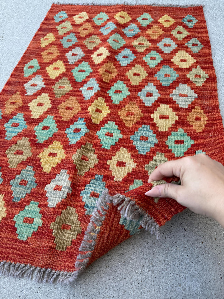 2x3 Handmade Vintage Afghan Baluch Rug | Rust Red Burnt Orange Mustard Yellow Gold Aqua Teal Light Grey | Wool Flatwoven