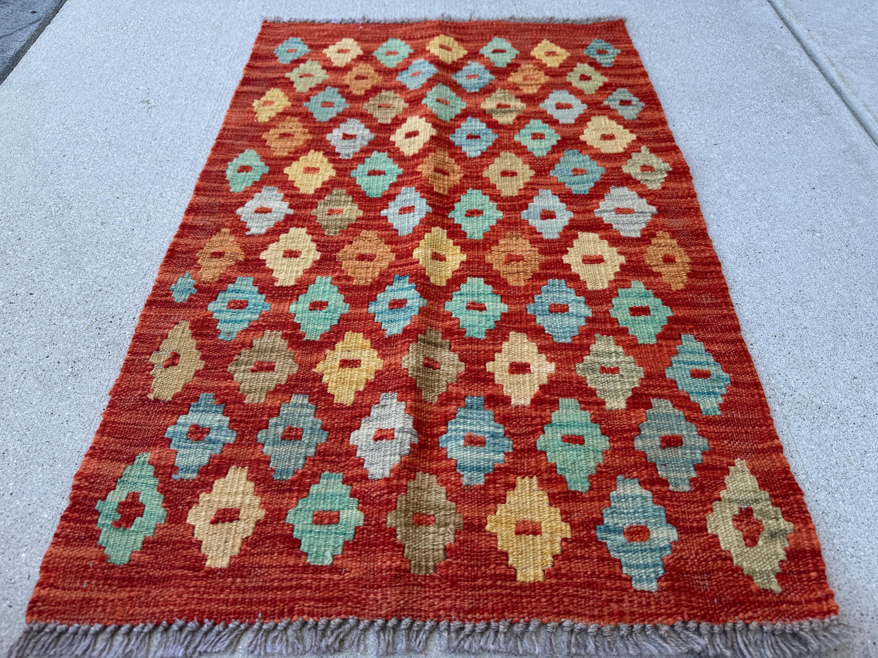 2x3 Handmade Vintage Afghan Baluch Rug | Rust Red Burnt Orange Mustard Yellow Gold Aqua Teal Light Grey | Wool Flatwoven