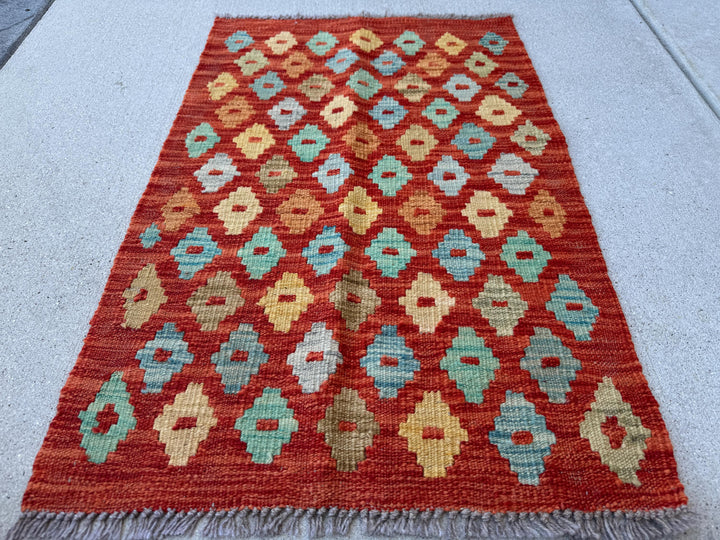 2x3 Handmade Vintage Afghan Baluch Rug | Rust Red Burnt Orange Mustard Yellow Gold Aqua Teal Light Grey | Wool Flatwoven