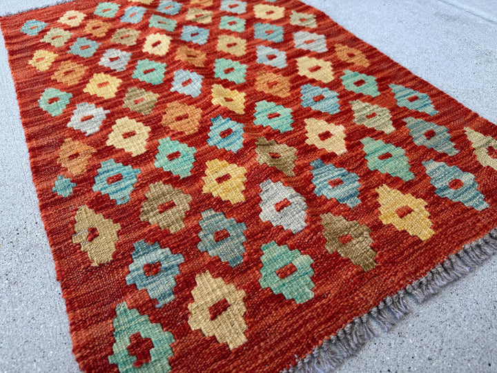 2x3 Handmade Vintage Afghan Baluch Rug | Rust Red Burnt Orange Mustard Yellow Gold Aqua Teal Light Grey | Wool Flatwoven