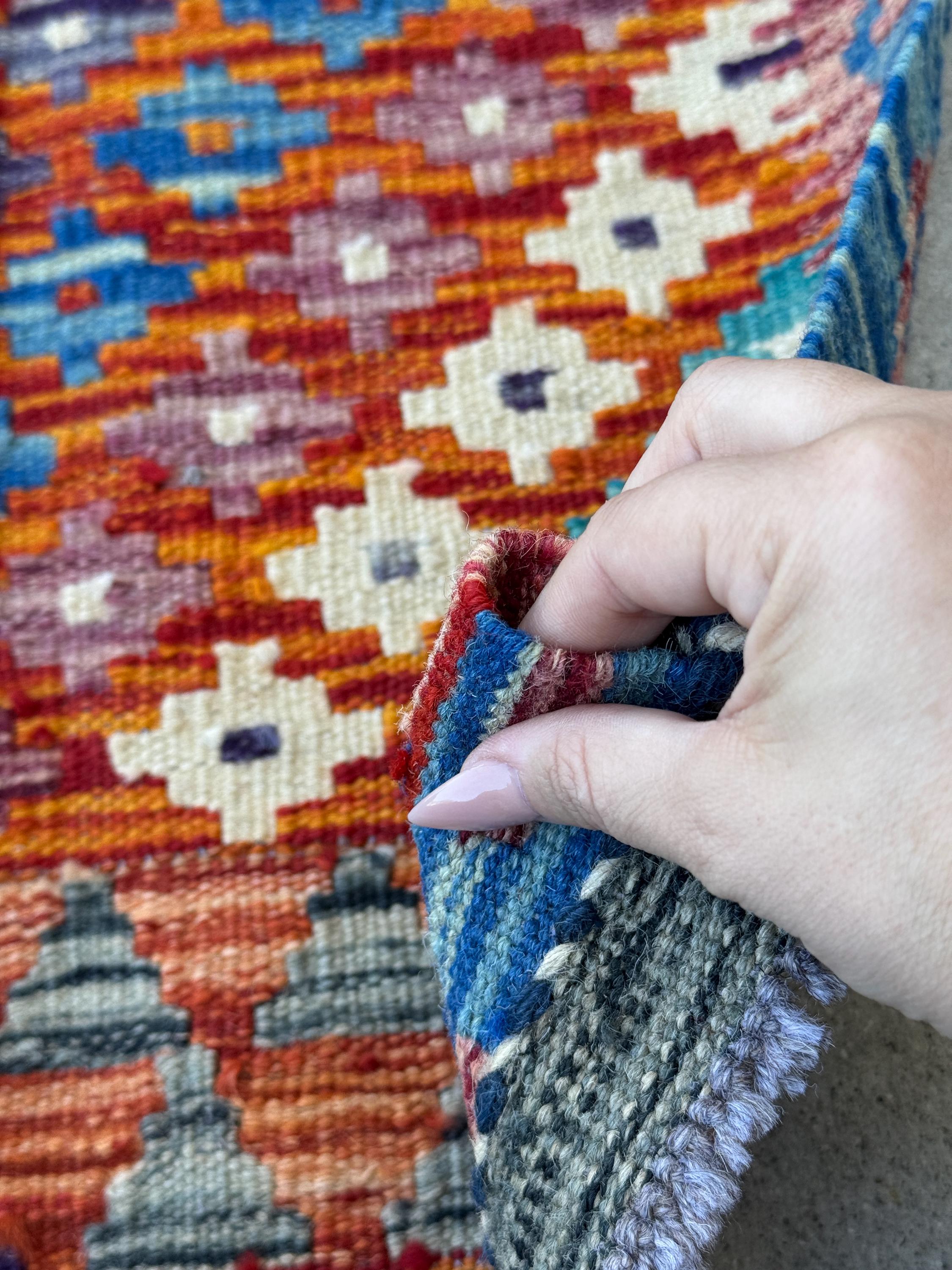 2x4 Handmade Afghan Kilim Rug | Burnt Orange Cream White Rust Red CHarcoal Grey Denim Blue Maroon Mustard Yellow Teal Aqua | Wool Flatwoven
