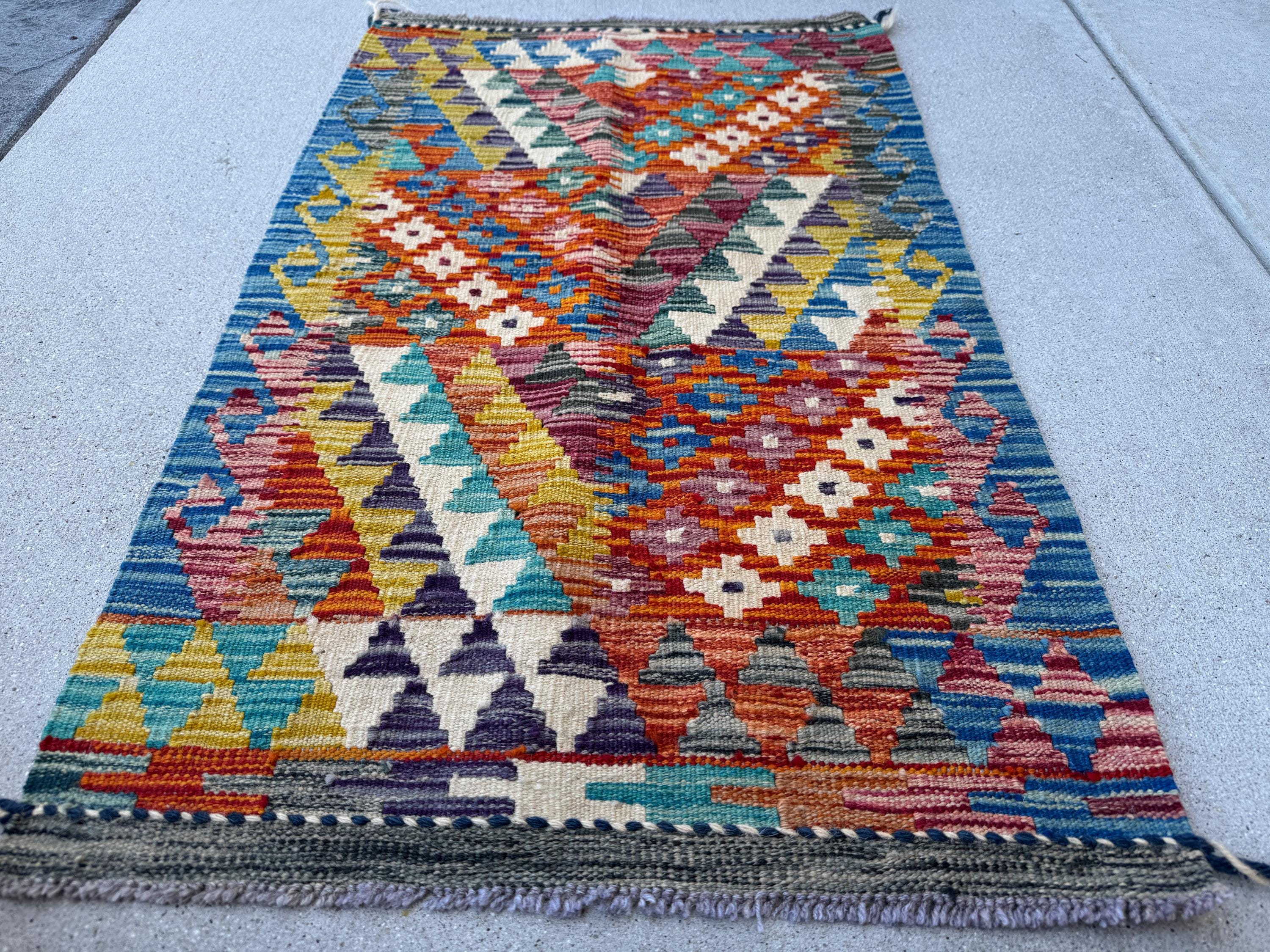 2x4 Handmade Afghan Kilim Rug | Burnt Orange Cream White Rust Red CHarcoal Grey Denim Blue Maroon Mustard Yellow Teal Aqua | Wool Flatwoven