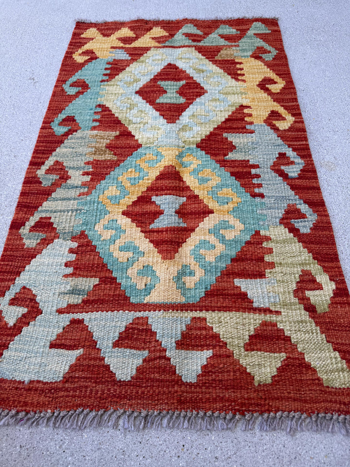 2x3 Handmade Afghan Kilim Rug | Blood Red Mustard Yellow Aqua Teal Mint Green Sky Blue | Wool Flatwoven