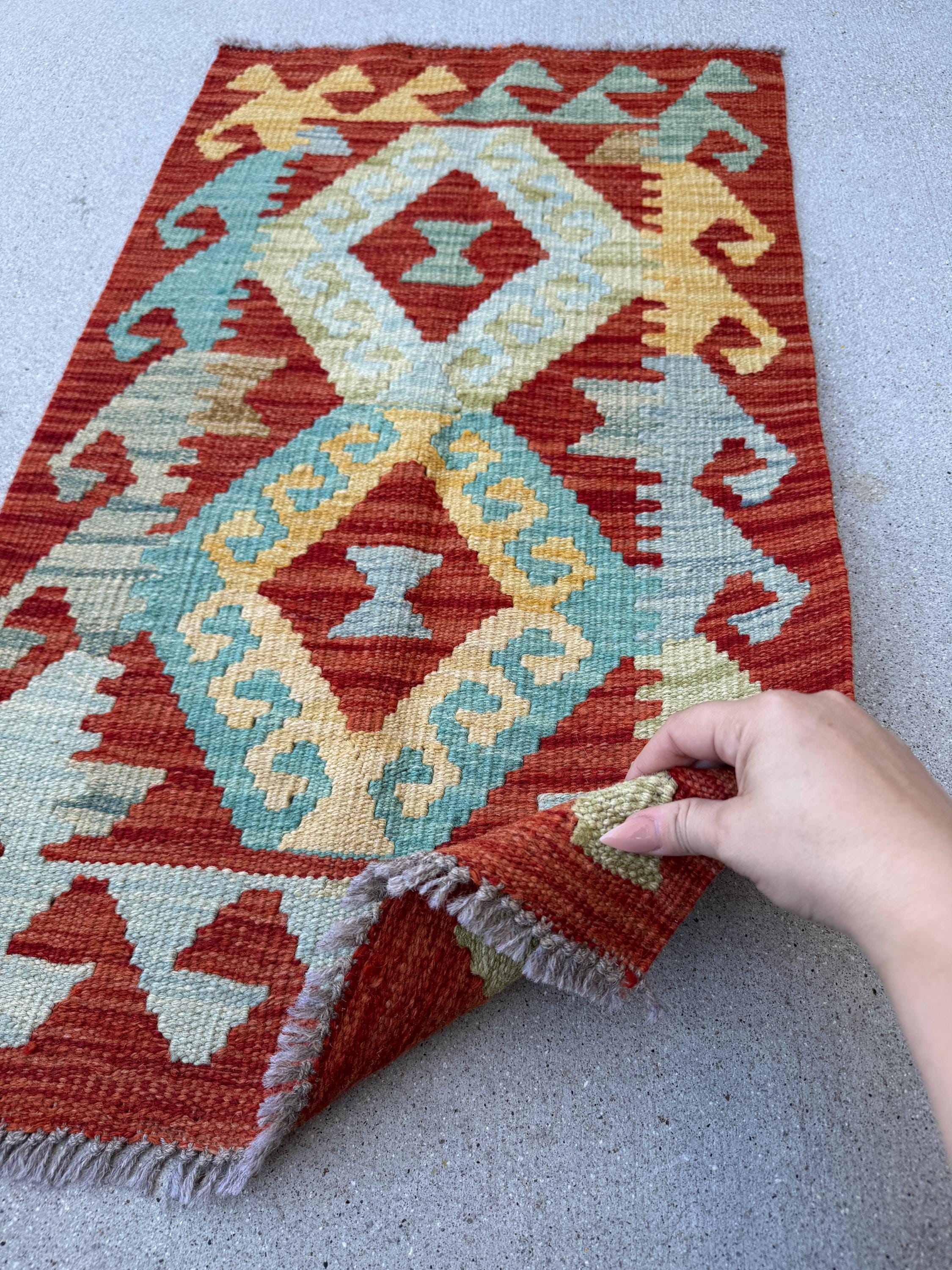2x3 Handmade Afghan Kilim Rug | Blood Red Mustard Yellow Aqua Teal Mint Green Sky Blue | Wool Flatwoven