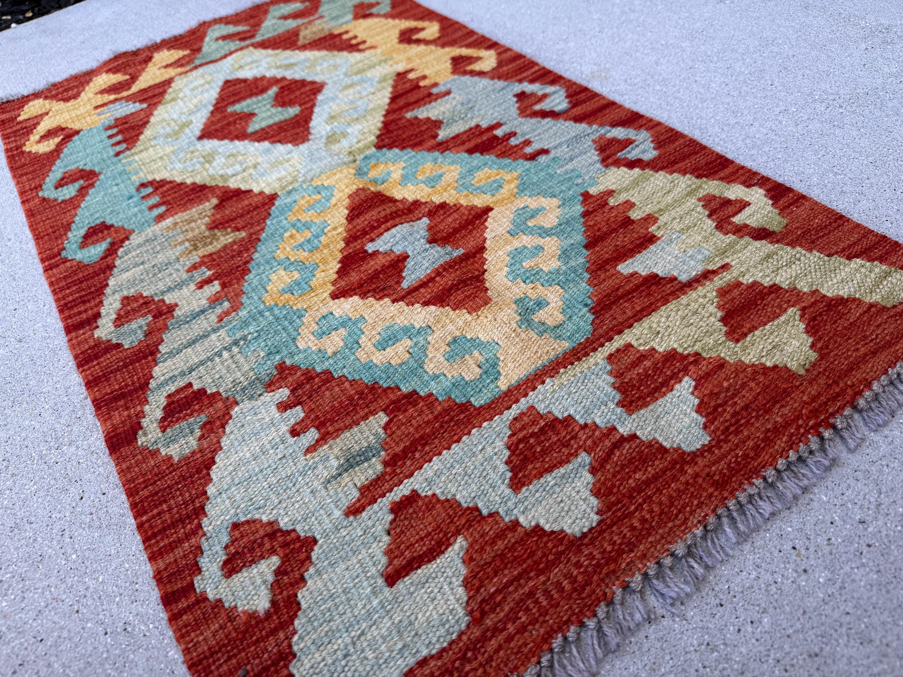 2x3 Handmade Afghan Kilim Rug | Blood Red Mustard Yellow Aqua Teal Mint Green Sky Blue | Wool Flatwoven