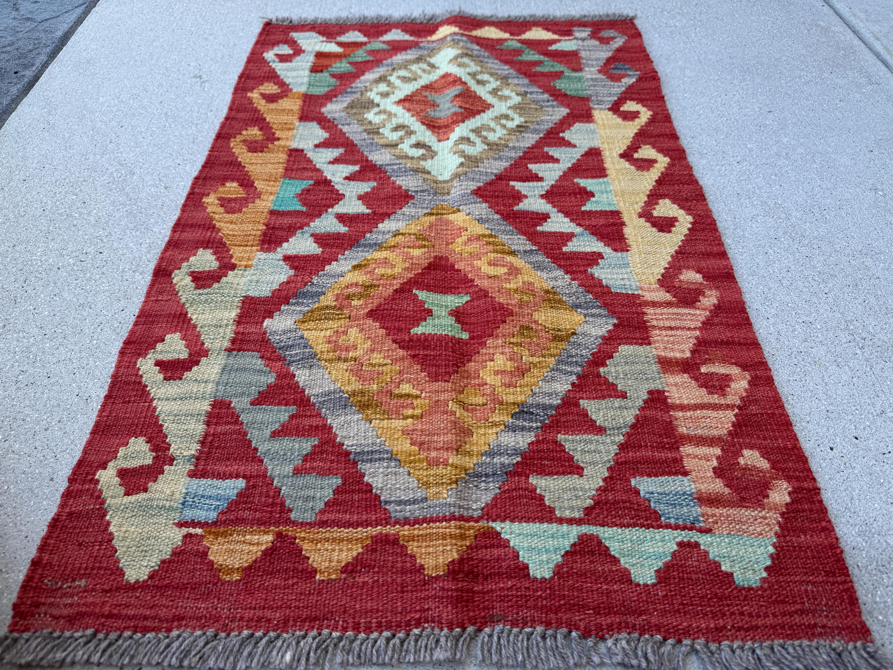 2x3 Handmade Afghan Kilim Rug | Blood Red Mustard Yellow Gold Aqua Teal Mint Green Grey Rust Orange | Wool Flatwoven