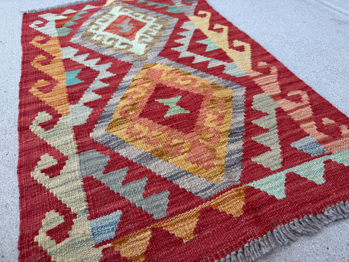2x3 Handmade Afghan Kilim Rug | Blood Red Mustard Yellow Gold Aqua Teal Mint Green Grey Rust Orange | Wool Flatwoven