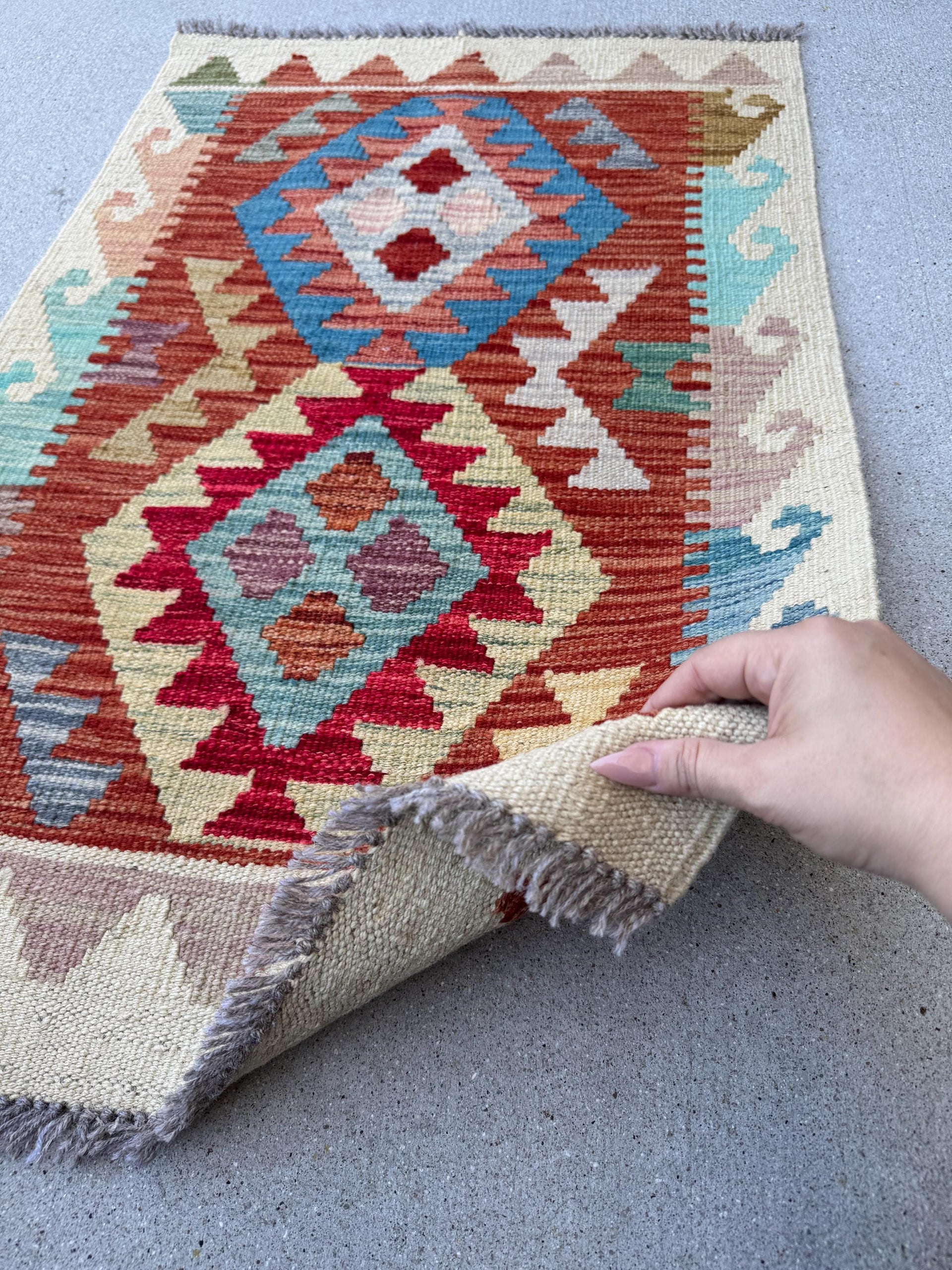 2x3 Handmade Afghan Kilim Rug | Cream Beige Rust Red Teal Chocolate Brown Tan Mocha Charcoal Grey Mustard Yellow Peach Mint Sky Blue | Wool