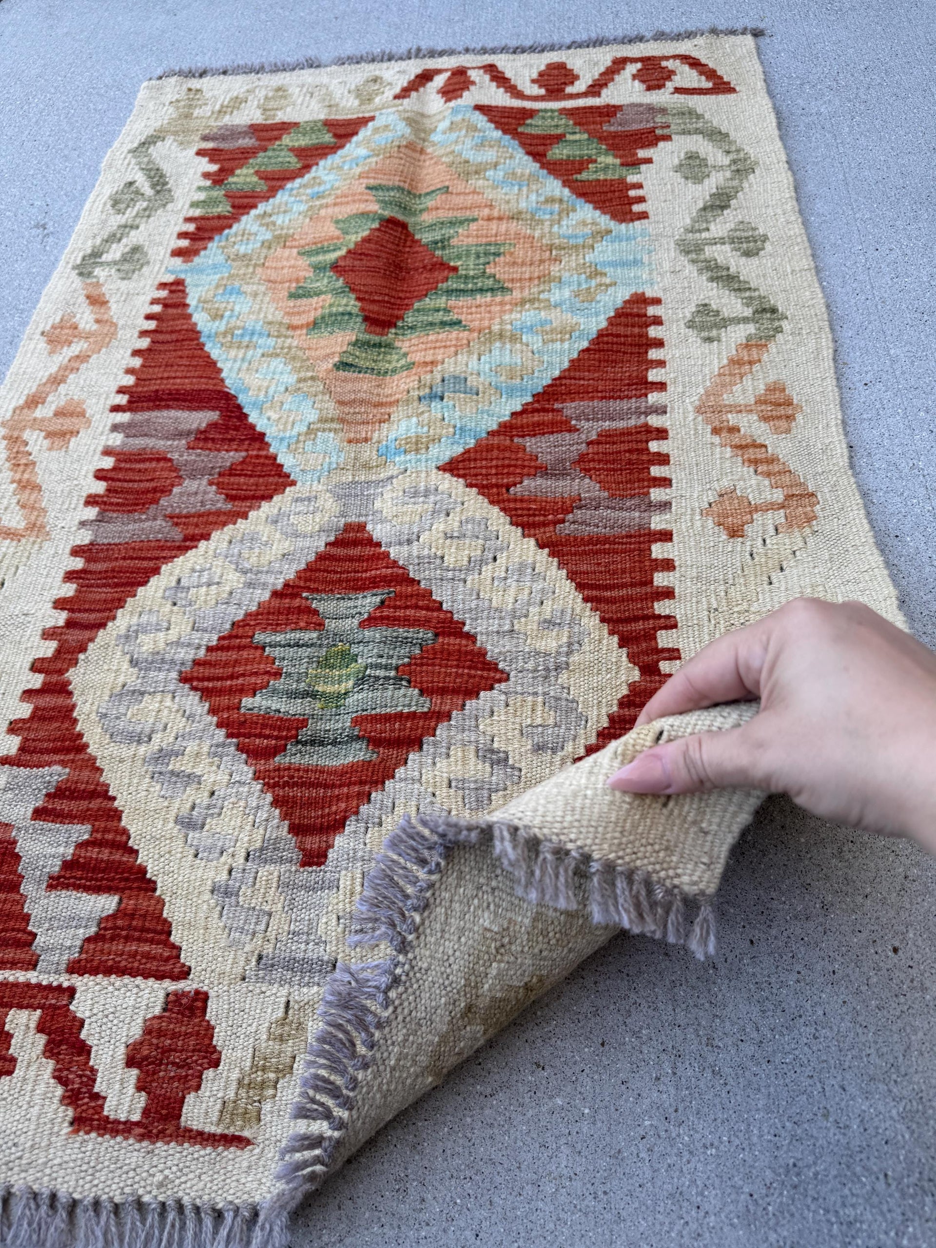 2x4 Handmade Afghan Kilim Rug | Cream Beige Charcoal Light Grey Tan Blood Red Sky Blue Peach Pine Olive Green Chocolate Brown | Flatwoven