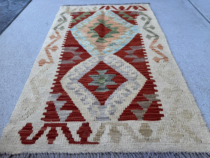 2x4 Handmade Afghan Kilim Rug | Cream Beige Charcoal Light Grey Tan Blood Red Sky Blue Peach Pine Olive Green Chocolate Brown | Flatwoven