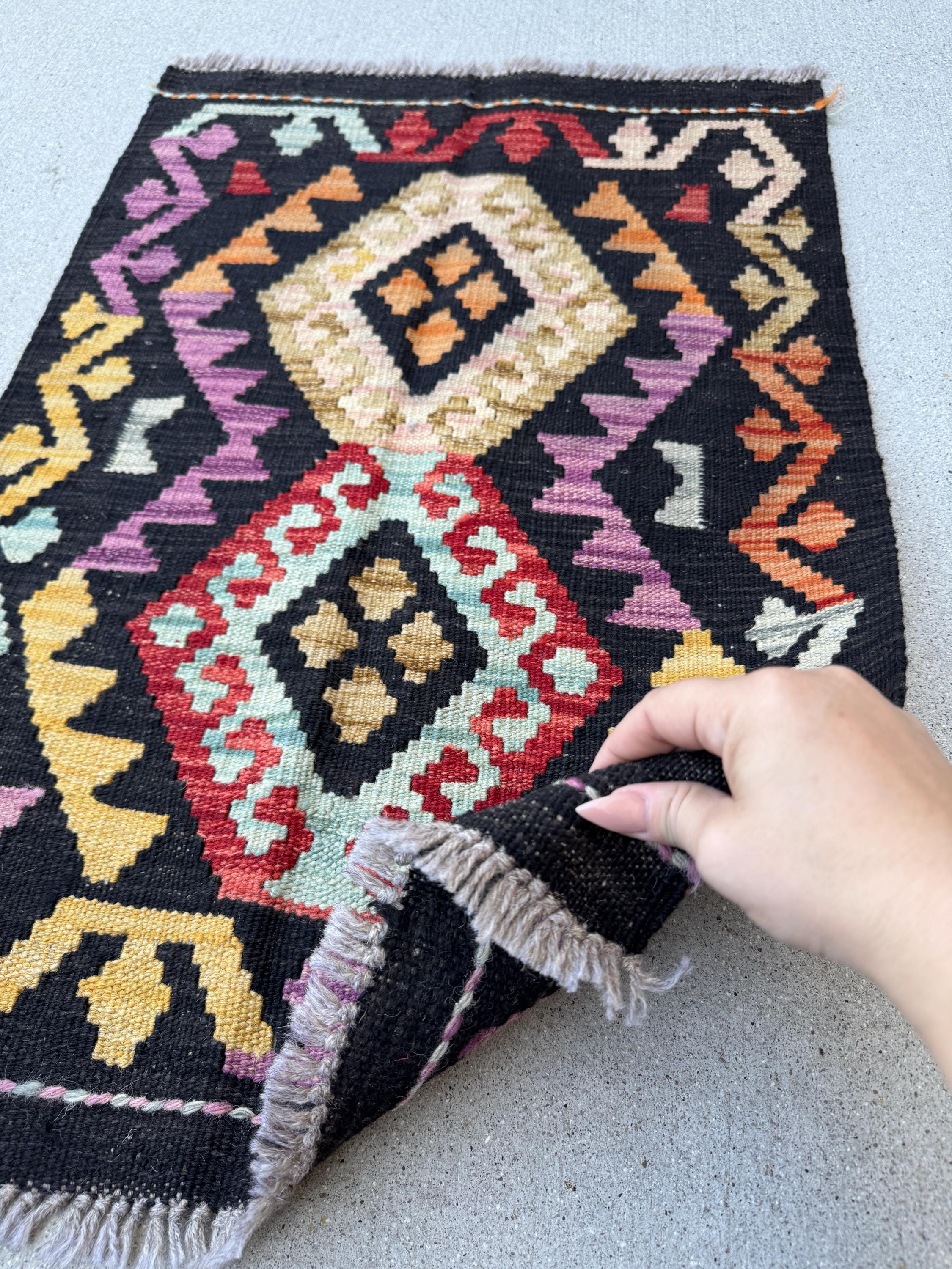 2x3 Handmade Afghan Kilim Rug | Black Purple Rust Red Orange Mustard Yellow Teal Mocha Gold Sky Blue | Wool Flatwoven