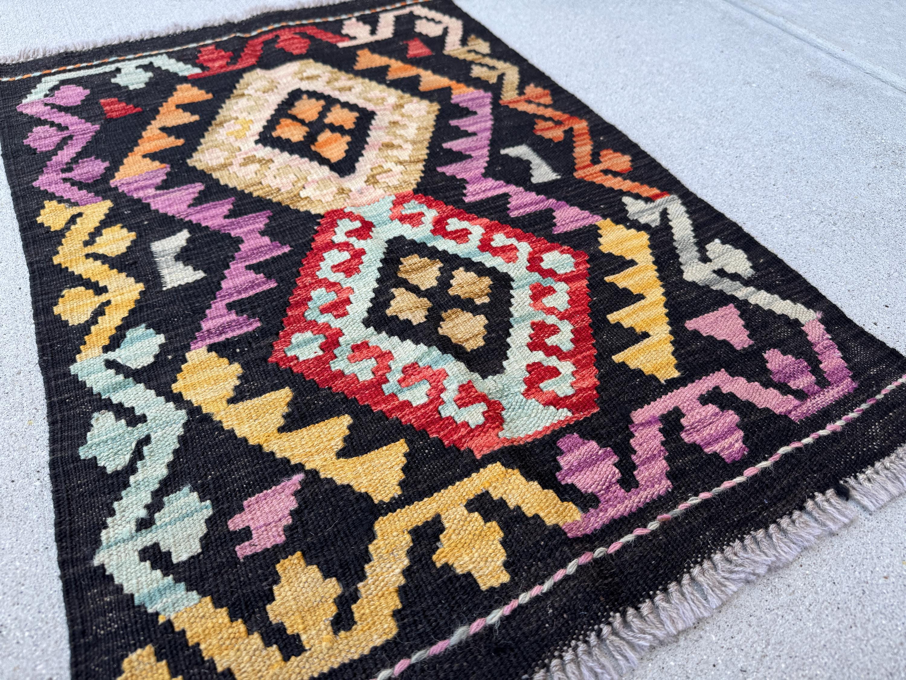 2x3 Handmade Afghan Kilim Rug | Black Purple Rust Red Orange Mustard Yellow Teal Mocha Gold Sky Blue | Wool Flatwoven