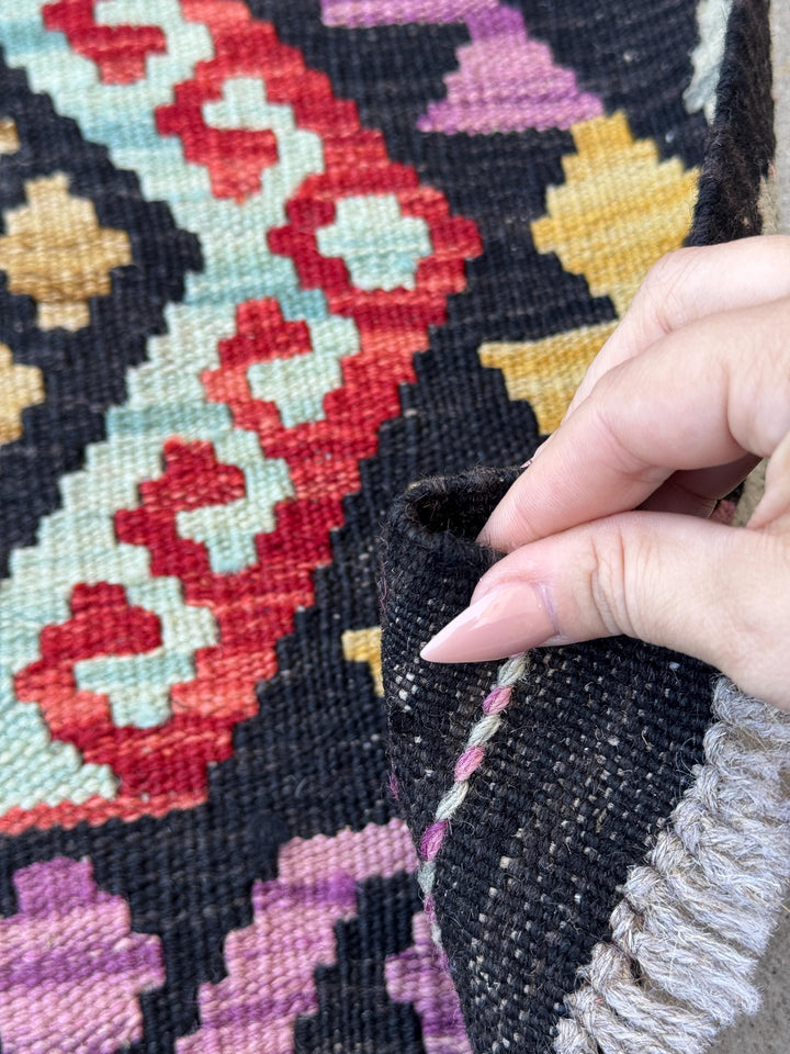 2x3 Handmade Afghan Kilim Rug | Black Purple Rust Red Orange Mustard Yellow Teal Mocha Gold Sky Blue | Wool Flatwoven