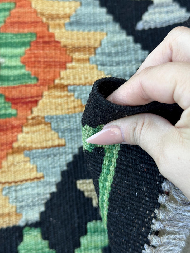 2x3 Handmade Afghan Kilim Rug | Black Burnt Orange Mustard Yellow Teal Gold Sky Blue Pine Green | Wool Flatwoven