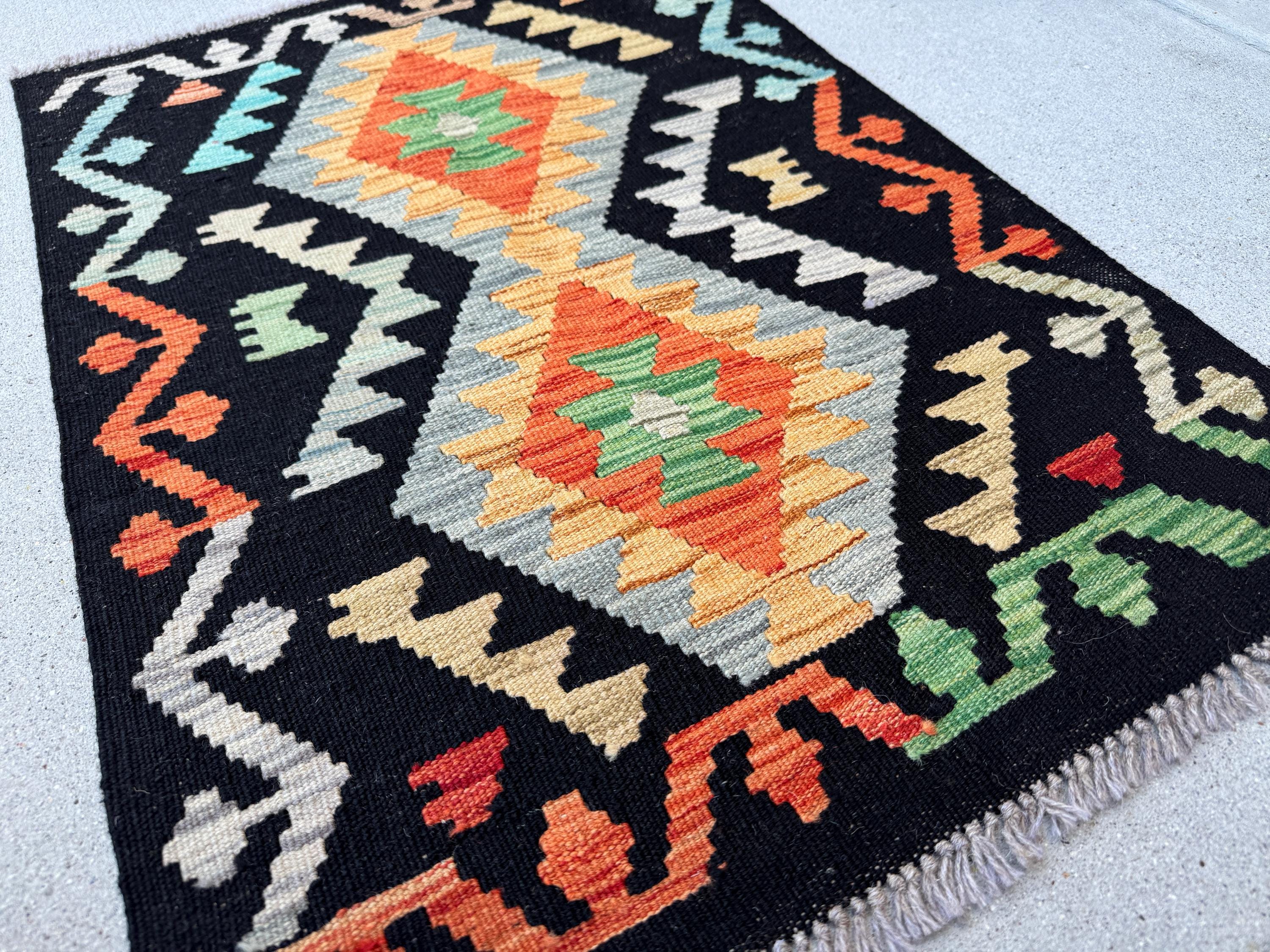 2x3 Handmade Afghan Kilim Rug | Black Burnt Orange Mustard Yellow Teal Gold Sky Blue Pine Green | Wool Flatwoven