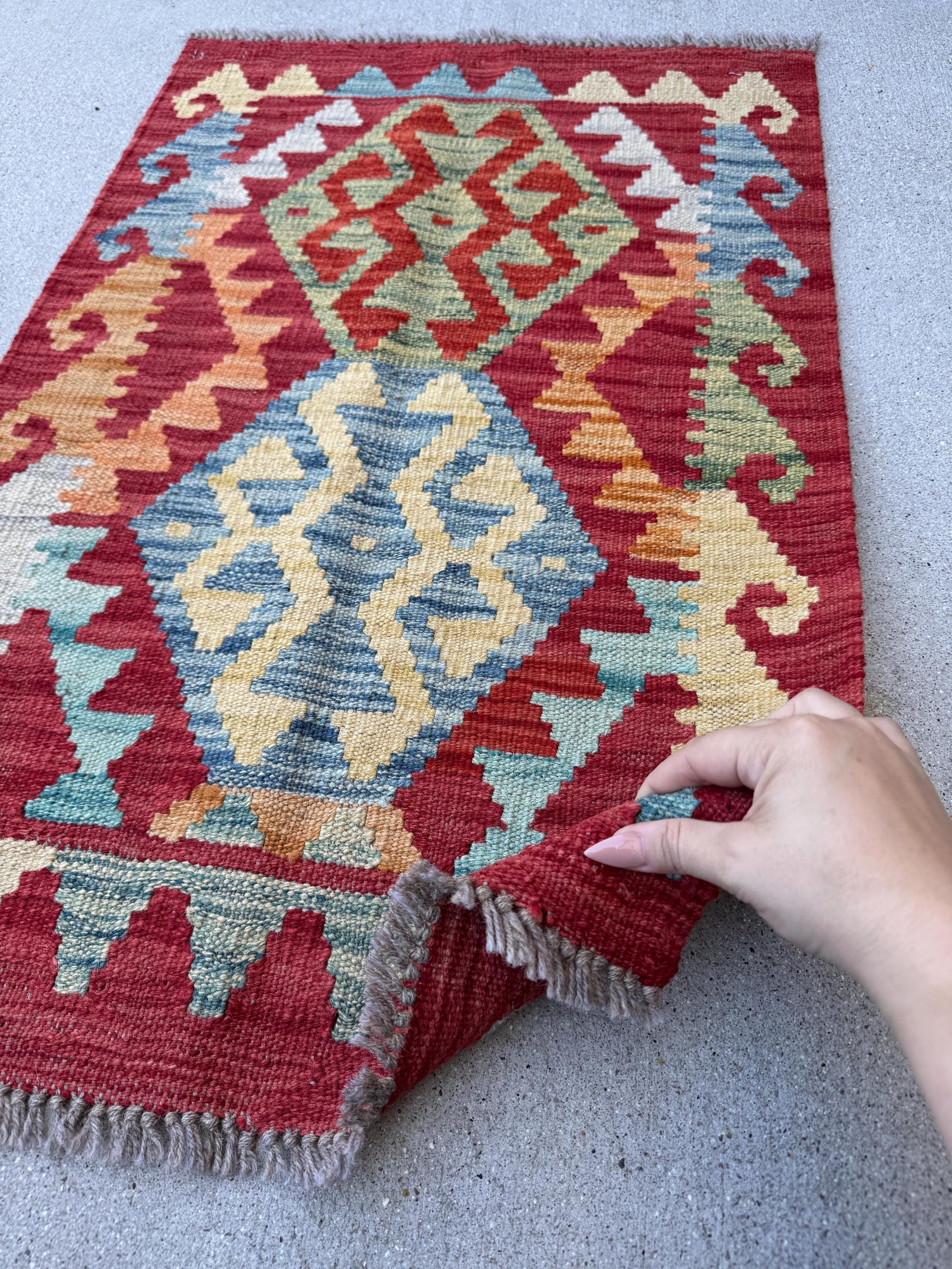 2x3 Handmade Afghan Kilim Rug | Blood Red Mustard Yellow Aqua Teal Mint Olive Moss Green Orange Gold | Wool Flatwoven