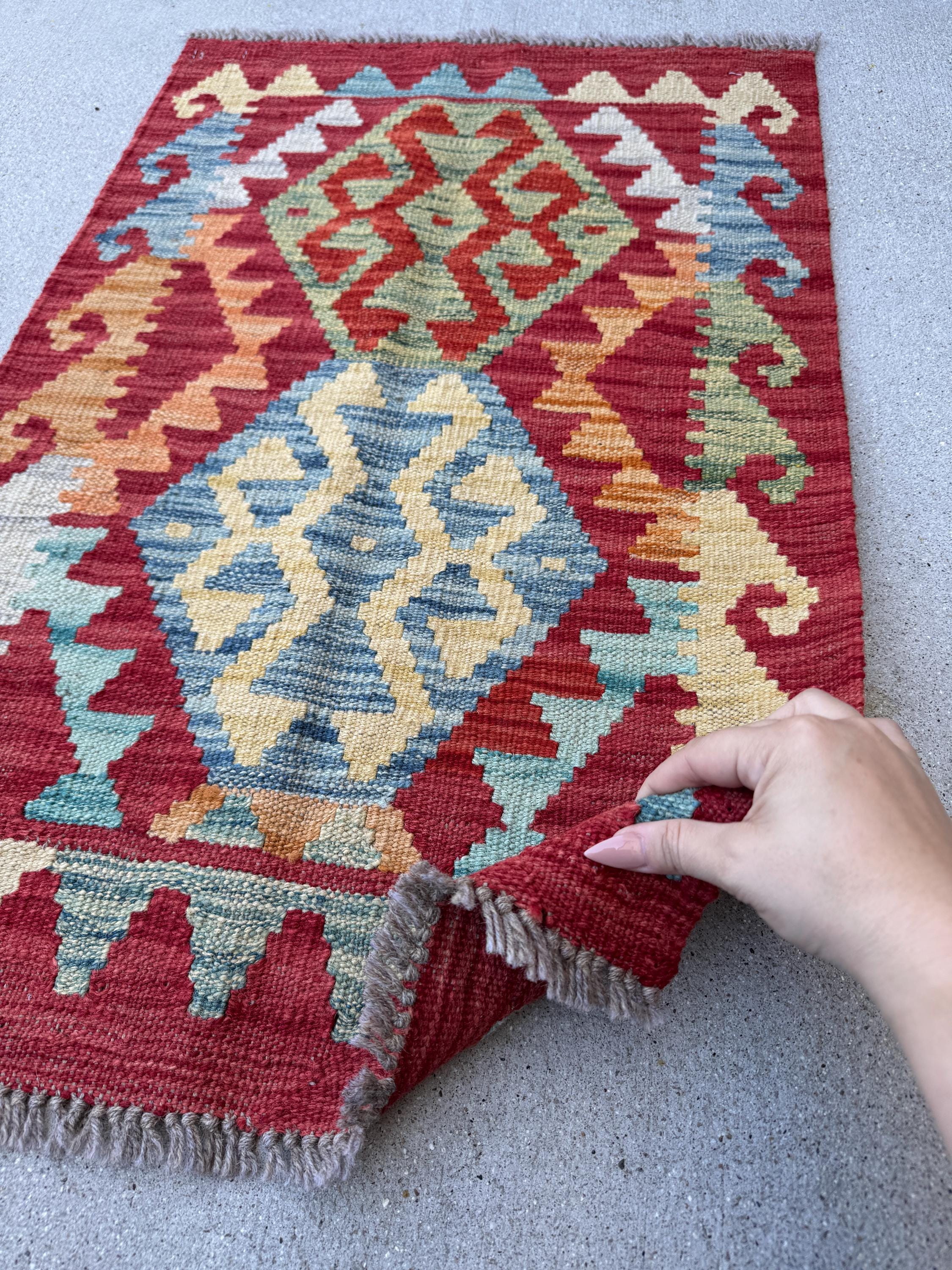 2x3 Handmade Afghan Kilim Rug | Blood Red Mustard Yellow Aqua Teal Mint Olive Moss Green Orange Gold | Wool Flatwoven