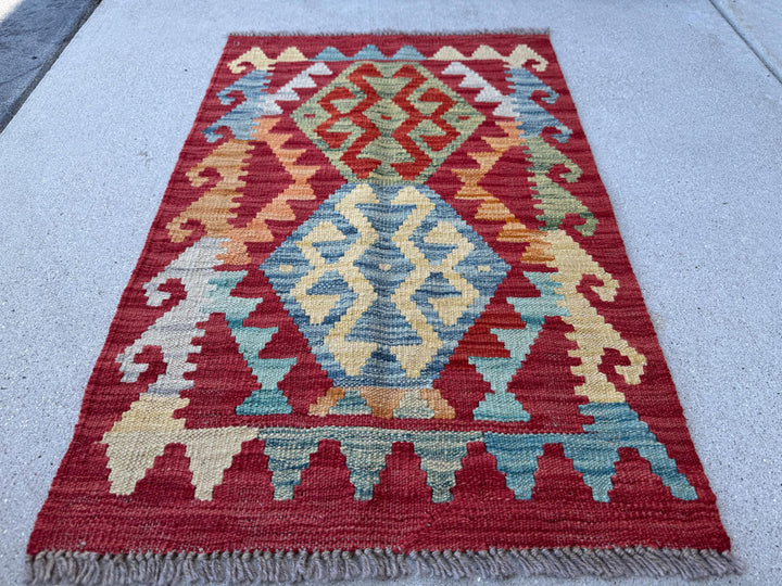 2x3 Handmade Afghan Kilim Rug | Blood Red Mustard Yellow Aqua Teal Mint Olive Moss Green Orange Gold | Wool Flatwoven