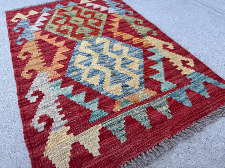 2x3 Handmade Afghan Kilim Rug | Blood Red Mustard Yellow Aqua Teal Mint Olive Moss Green Orange Gold | Wool Flatwoven