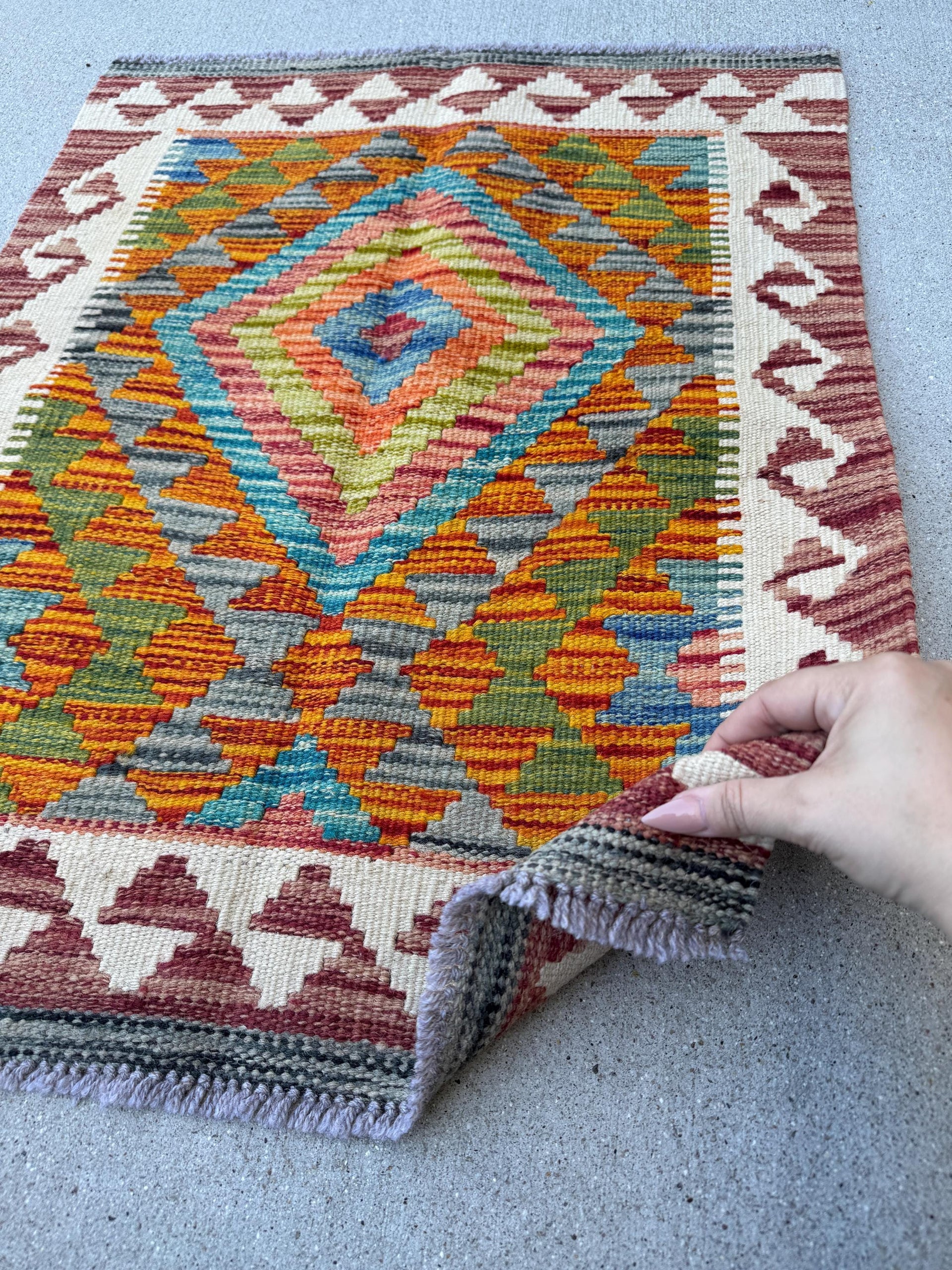2x3 Handmade Afghan Kilim Rug | Burnt Orange Charcoal Grey Olive Moss Green Denim Blue Cream White Chocolate Brown Teal | Wool Flatwoven