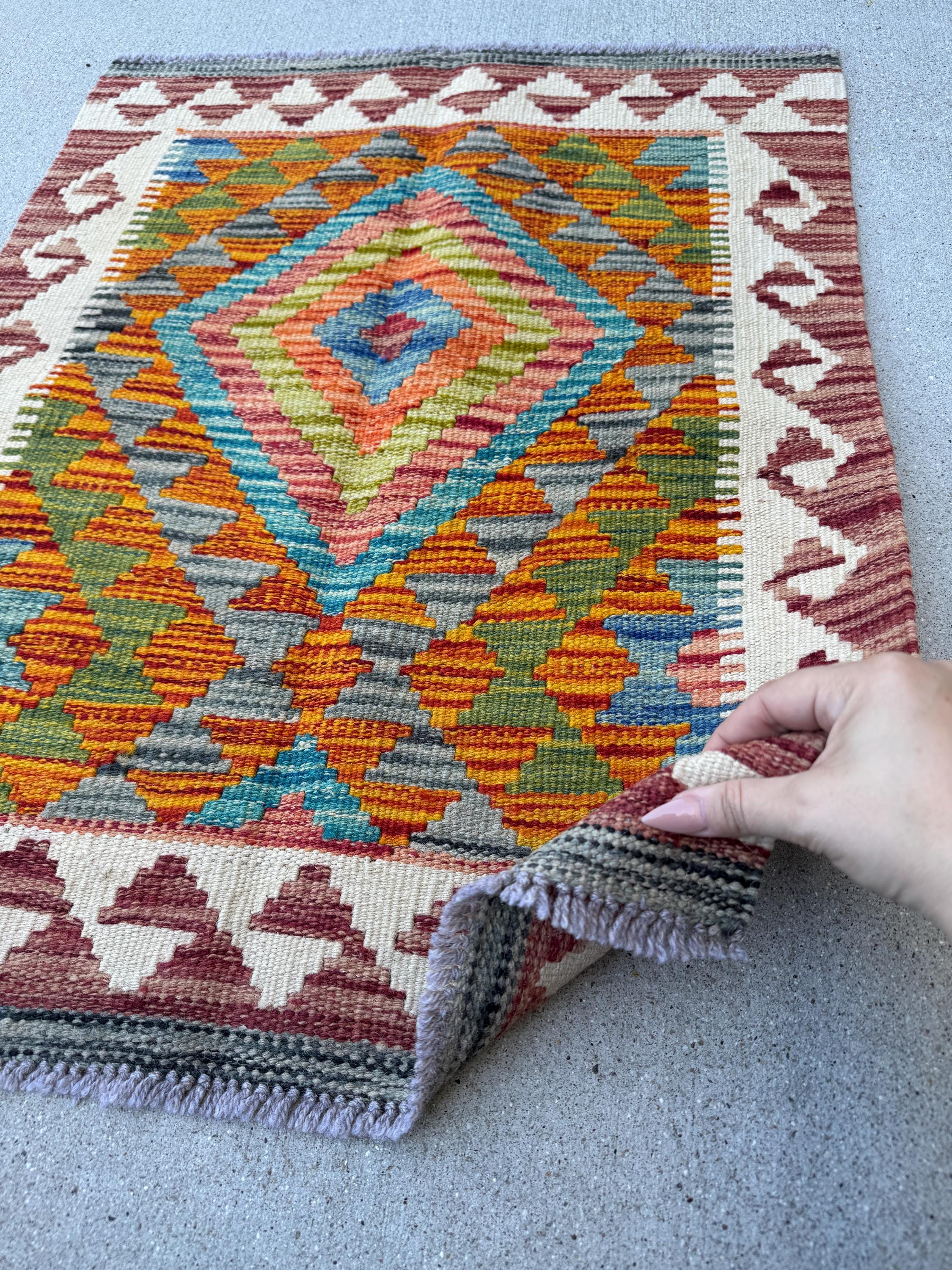 2x3 Handmade Afghan Kilim Rug | Burnt Orange Charcoal Grey Olive Moss Green Denim Blue Cream White Chocolate Brown Teal | Wool Flatwoven