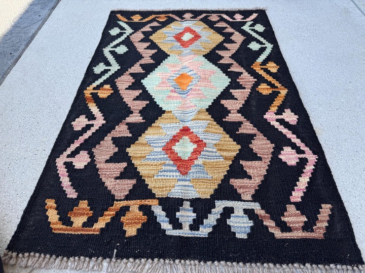 2x3 Handmade Afghan Kilim Rug | Black Chocolate Golden Brown Tan Denim Sky Aqua Blue Burnt Orange Pink | Wool Flatwoven