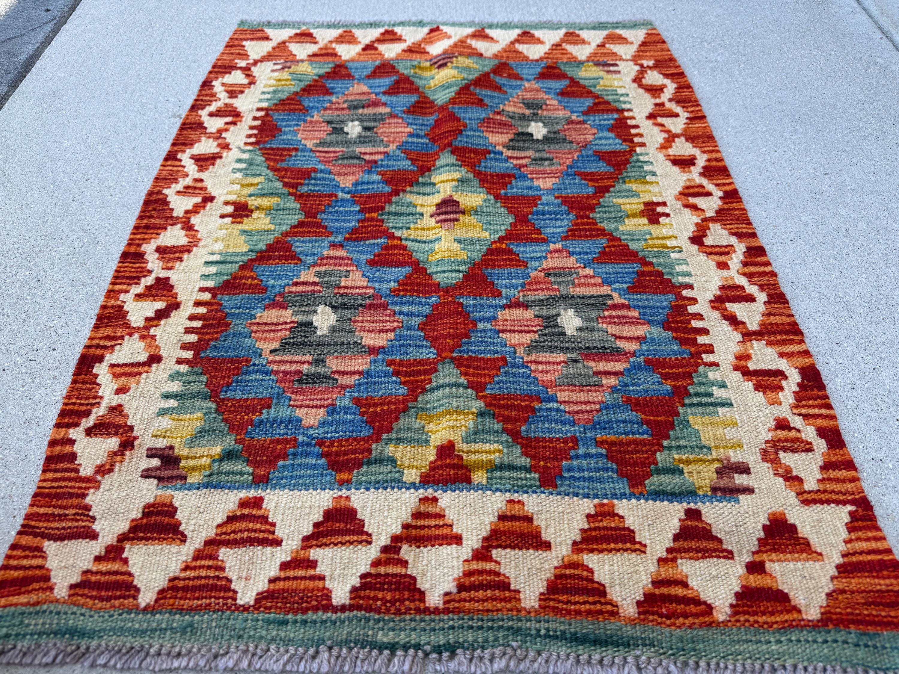 2x3 Handmade Afghan Kilim Rug | Blood Brick Red Mustard Yellow Indigo Teal Charcoal Grey Cream White Beige Chocolate Brown | Wool Flatwoven