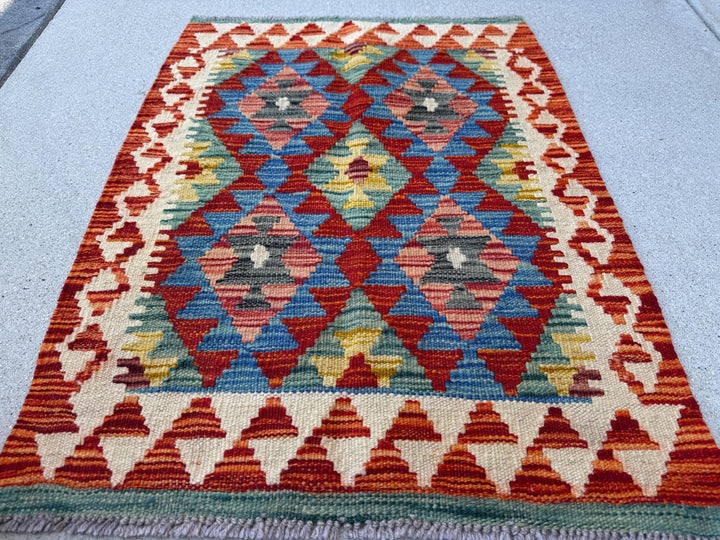 2x3 Handmade Afghan Kilim Rug | Blood Brick Red Mustard Yellow Indigo Teal Charcoal Grey Cream White Beige Chocolate Brown | Wool Flatwoven