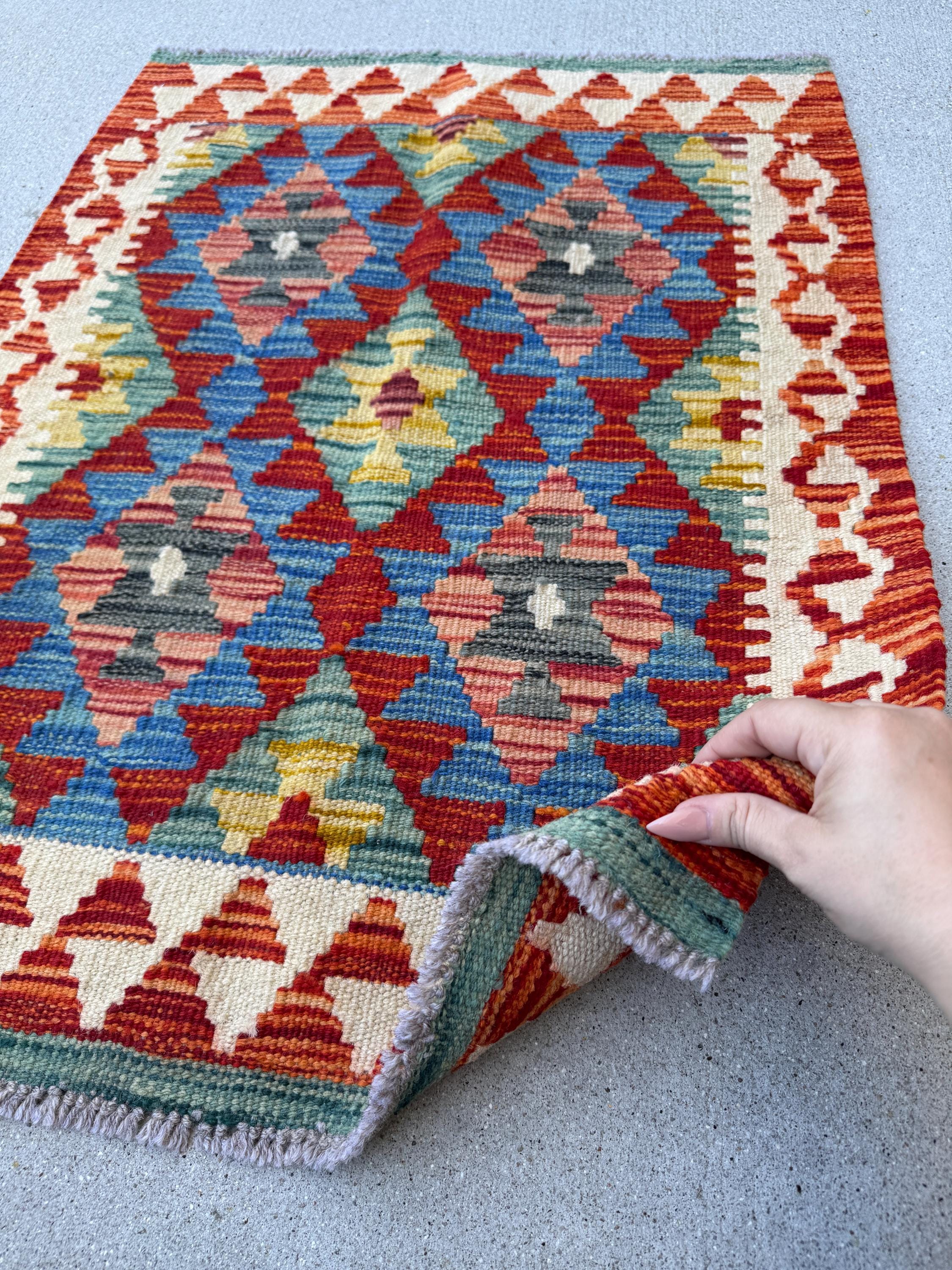 2x3 Handmade Afghan Kilim Rug | Blood Brick Red Mustard Yellow Indigo Teal Charcoal Grey Cream White Beige Chocolate Brown | Wool Flatwoven