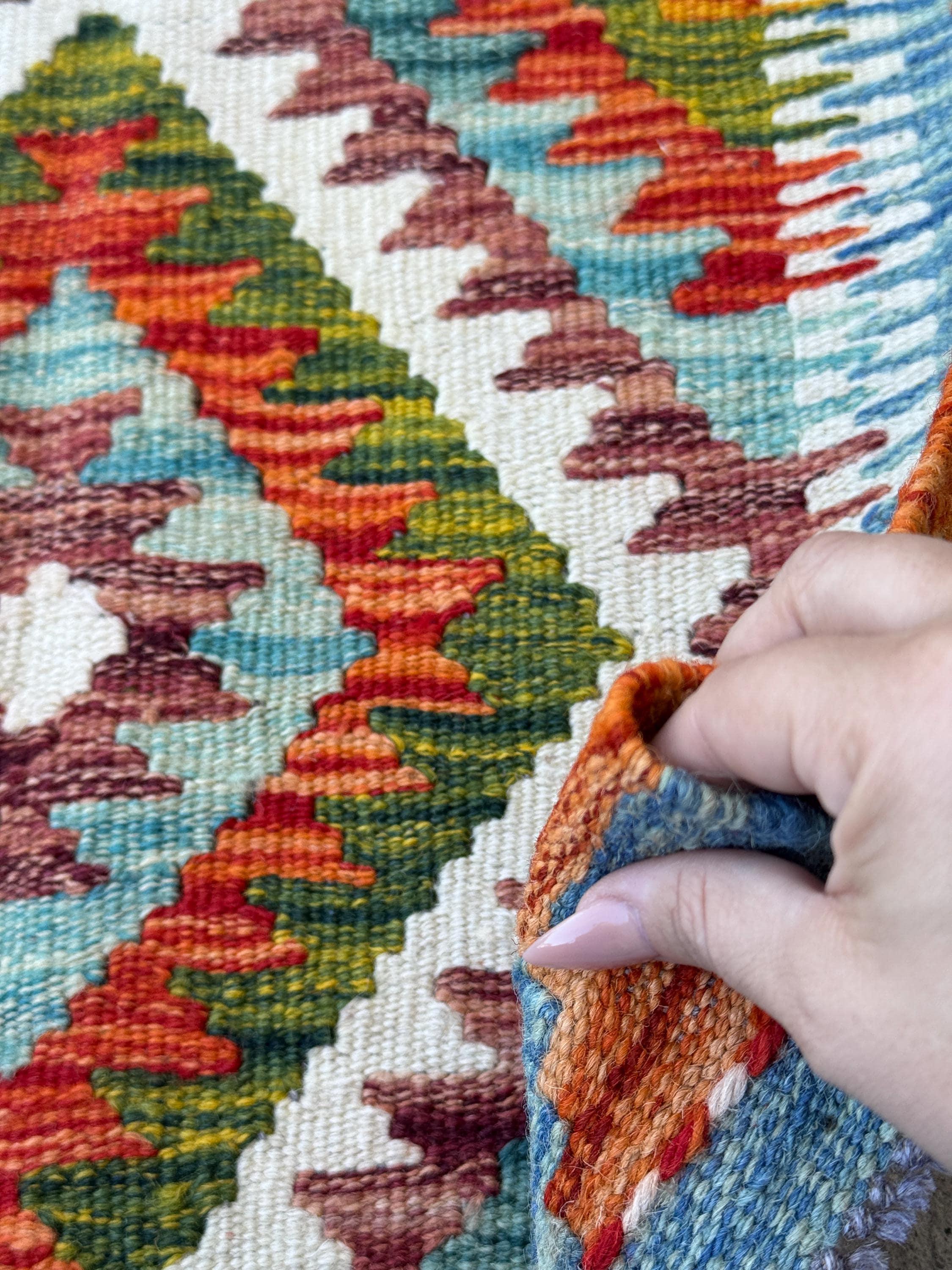 2x3 (61x91) Handmade Afghan Kilim Rug | Burnt Orange Aqua Sky Denim Blue Cream Forest Moss Green Maroon Burgundy Red White | Wool Flatweave