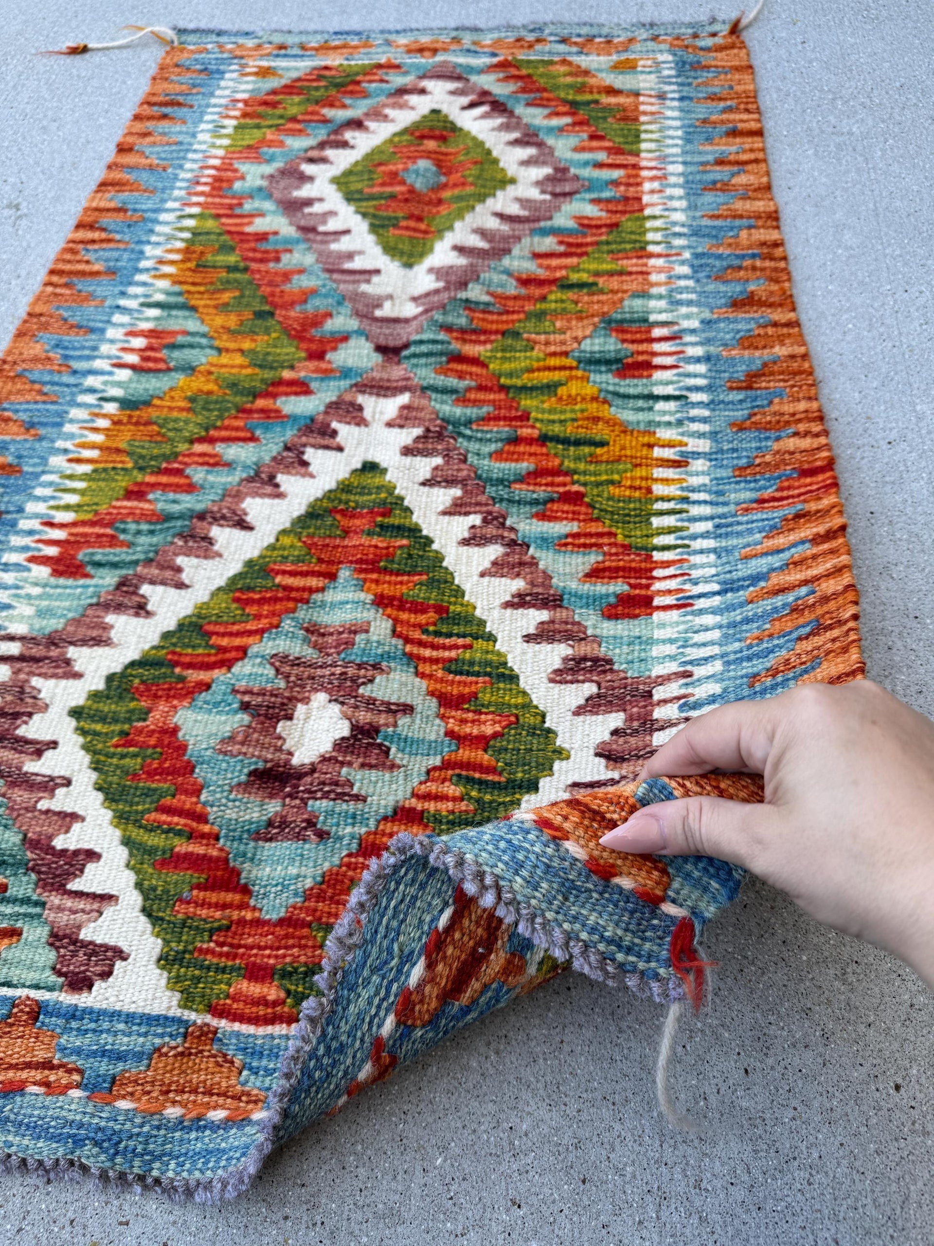 2x3 (61x91) Handmade Afghan Kilim Rug | Burnt Orange Aqua Sky Denim Blue Cream Forest Moss Green Maroon Burgundy Red White | Wool Flatweave