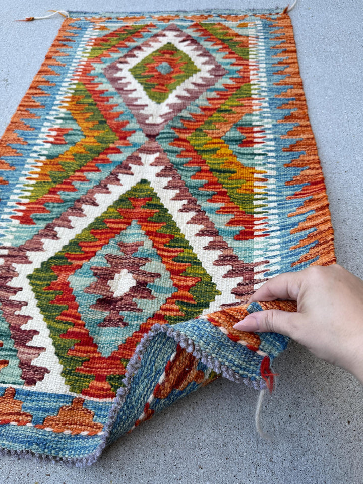 2x3 (61x91) Handmade Afghan Kilim Rug | Burnt Orange Aqua Sky Denim Blue Cream Forest Moss Green Maroon Burgundy Red White | Wool Flatweave