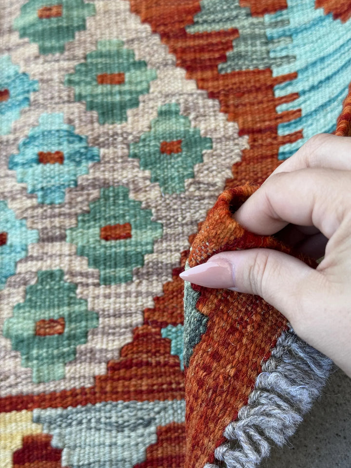 2x3 (61x91) Handmade Afghan Kilim Rug | Rust Burnt Orange Saffron Peach Taupe Sky Baby Denim Aqua Blue Teal Red Moss Olive Green | Wool