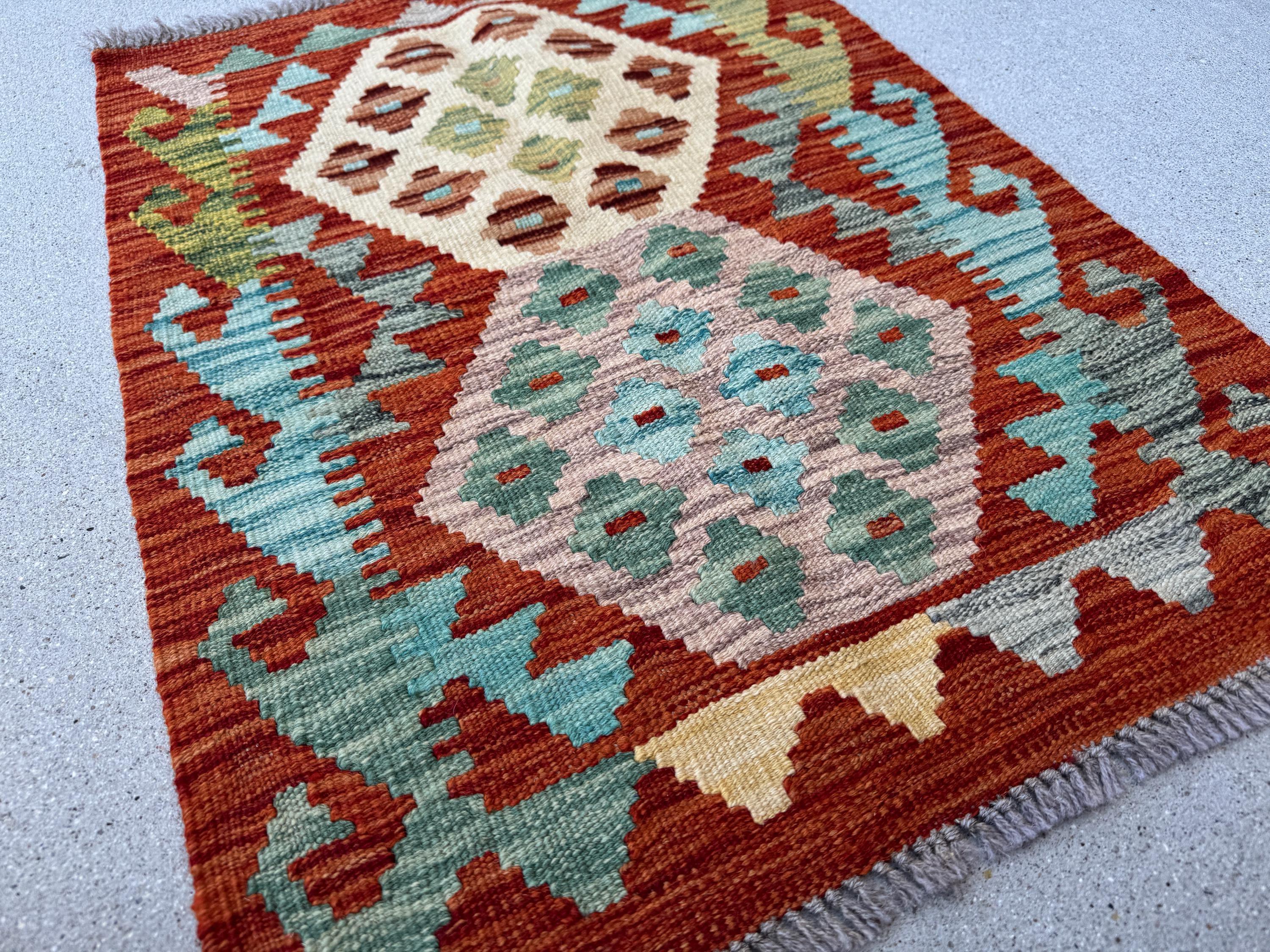 2x3 (61x91) Handmade Afghan Kilim Rug | Rust Burnt Orange Saffron Peach Taupe Sky Baby Denim Aqua Blue Teal Red Moss Olive Green | Wool