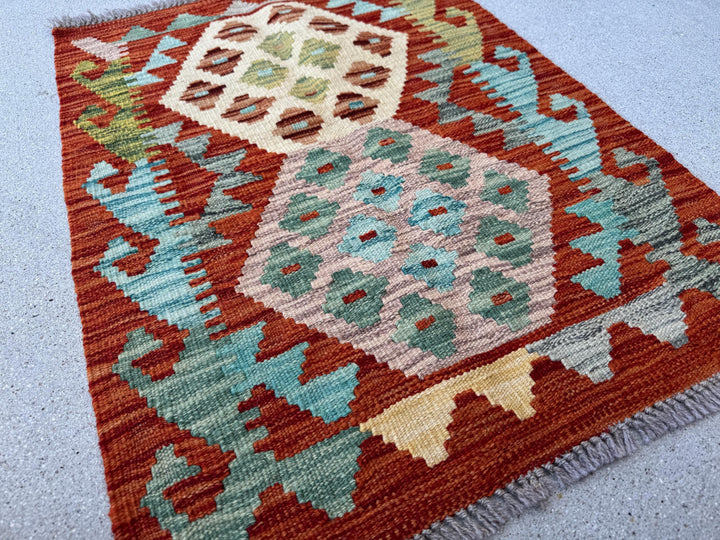 2x3 (61x91) Handmade Afghan Kilim Rug | Rust Burnt Orange Saffron Peach Taupe Sky Baby Denim Aqua Blue Teal Red Moss Olive Green | Wool