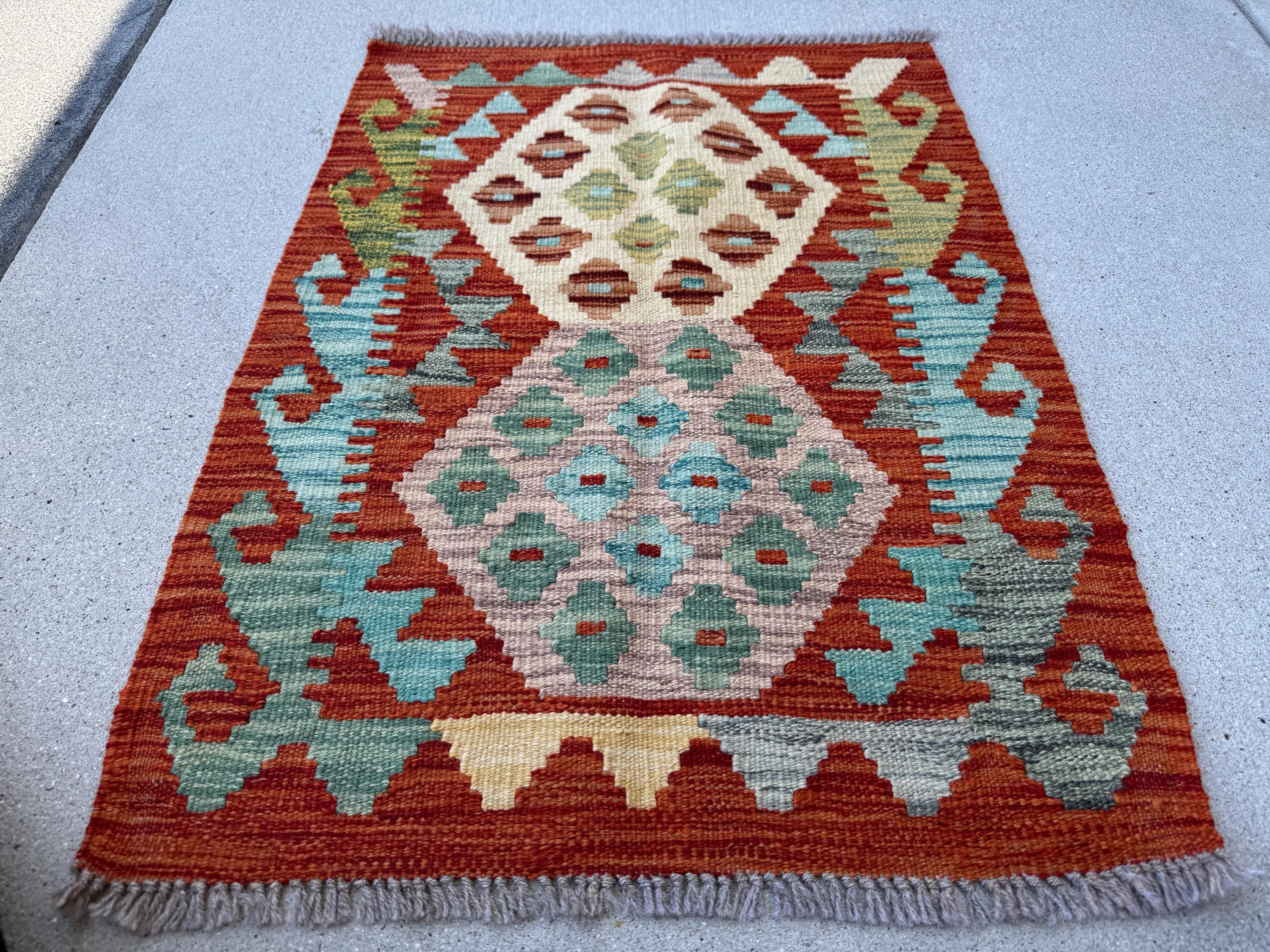2x3 (61x91) Handmade Afghan Kilim Rug | Rust Burnt Orange Saffron Peach Taupe Sky Baby Denim Aqua Blue Teal Red Moss Olive Green | Wool