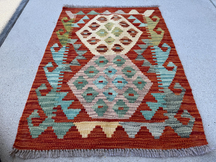 2x3 (61x91) Handmade Afghan Kilim Rug | Rust Burnt Orange Saffron Peach Taupe Sky Baby Denim Aqua Blue Teal Red Moss Olive Green | Wool