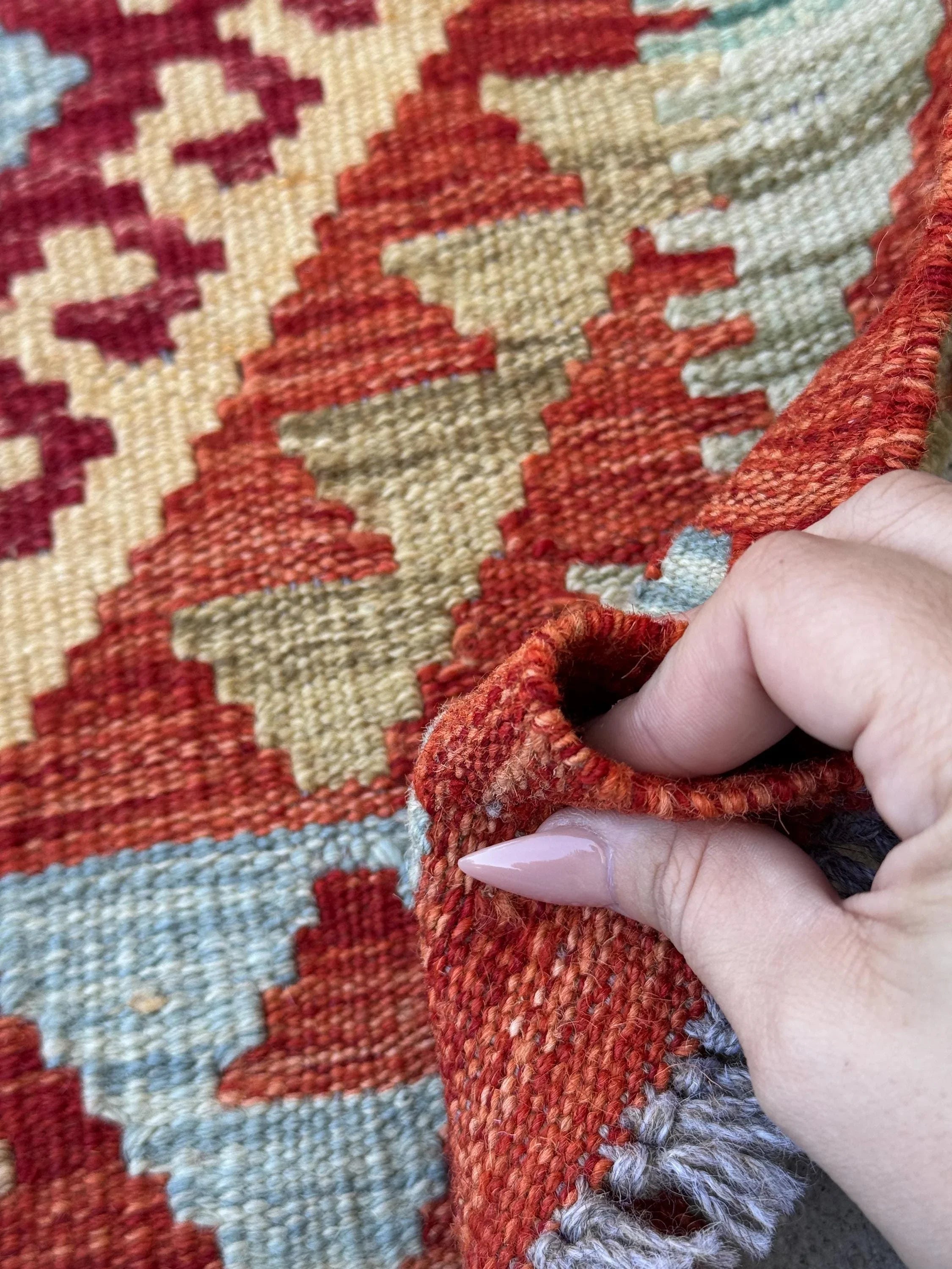 2x3 (61x91) Handmade Afghan Kilim Rug | Burnt Peach Saffron Orange Olive Green Yellow Denim Sky Baby Blue Blood Crimson Red Beige Tan | Wool