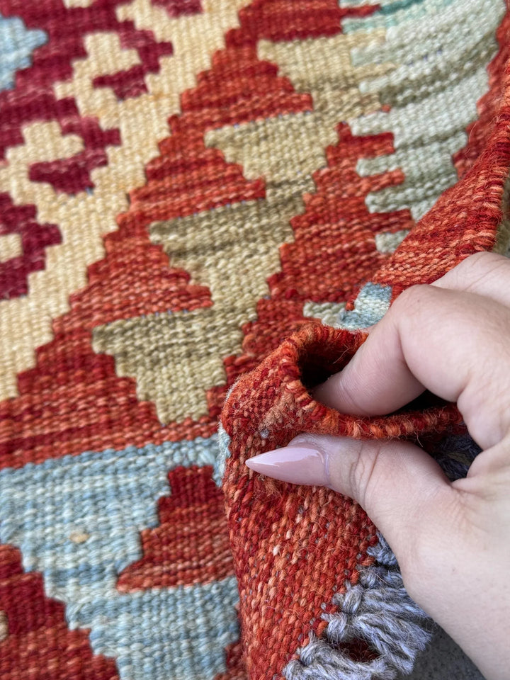2x3 (61x91) Handmade Afghan Kilim Rug | Burnt Peach Saffron Orange Olive Green Yellow Denim Sky Baby Blue Blood Crimson Red Beige Tan | Wool